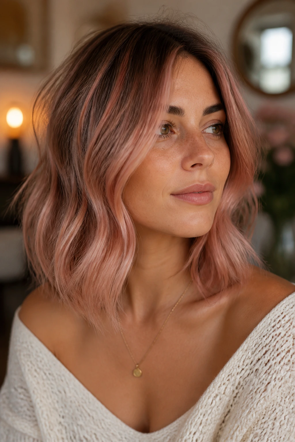 Portrait of a real woman with dusty rose-gold melt on collarbone-length hair.