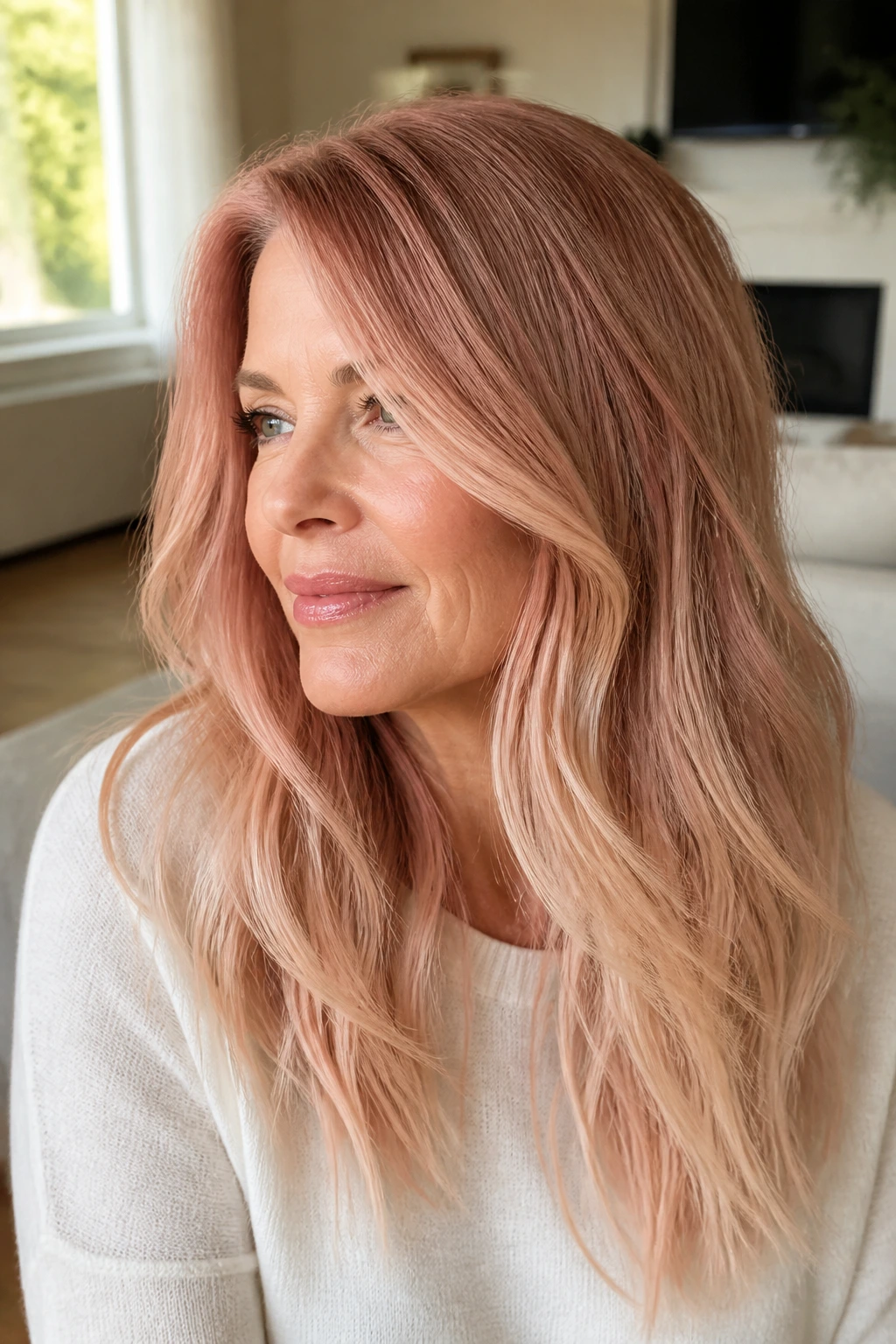 Close-up portrait of a real woman with rose gold melt hair and soft gradient