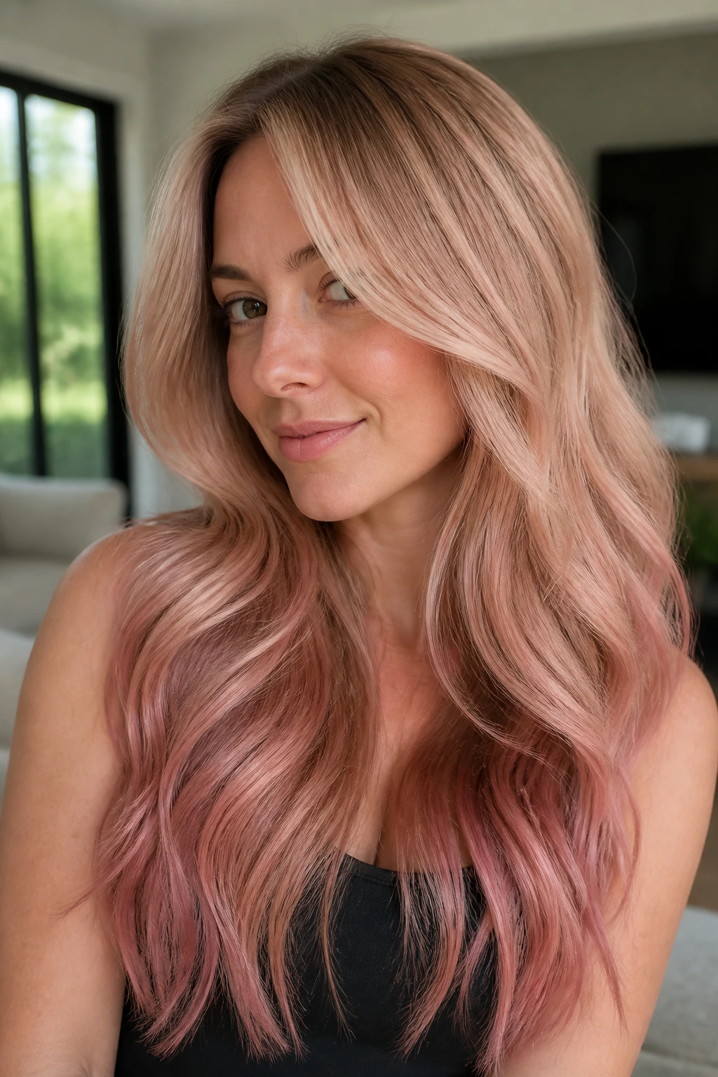 Close-up of real woman with rose gold melt hair in natural daylight