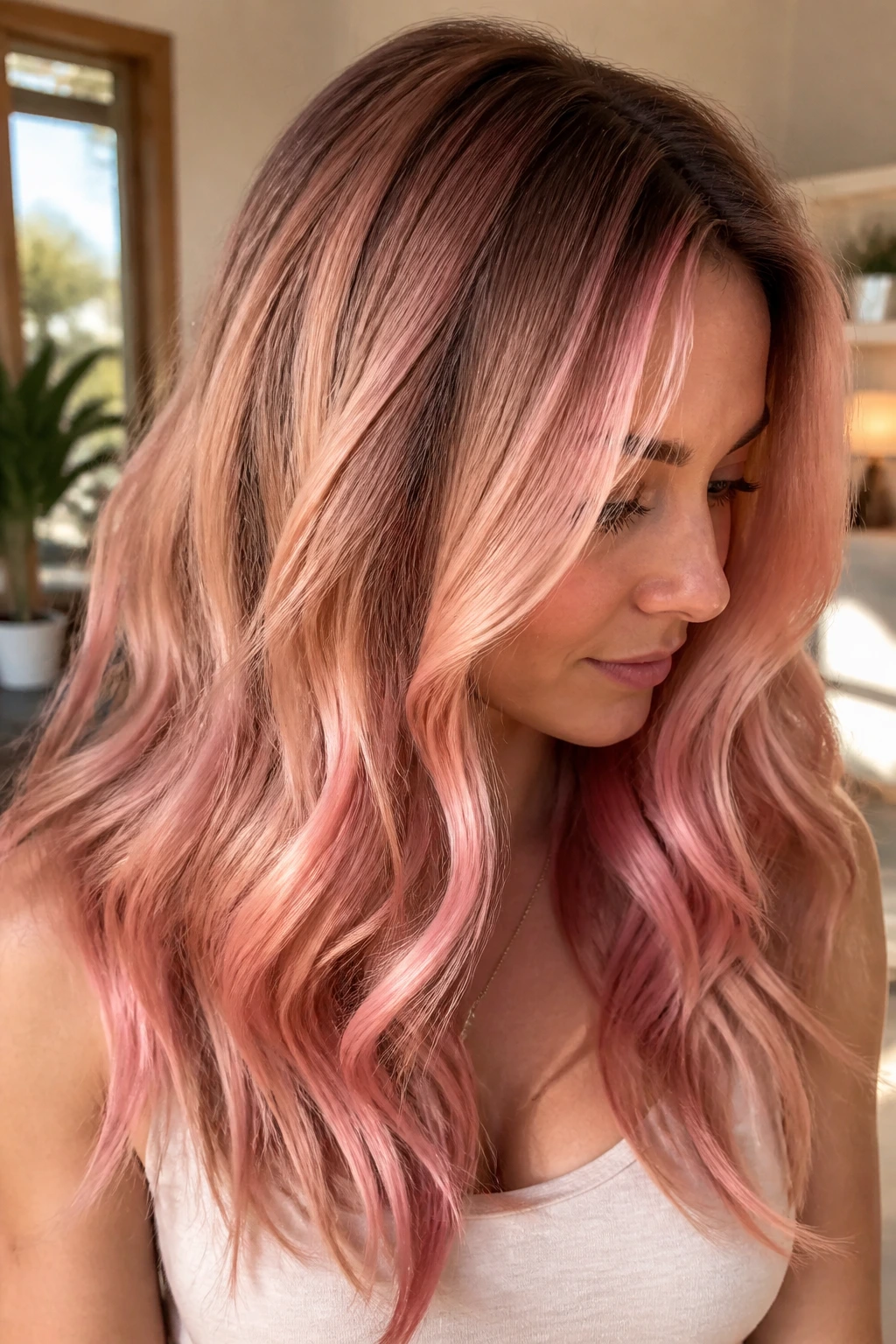 Close-up of a real woman with rose gold melt hair and darker root