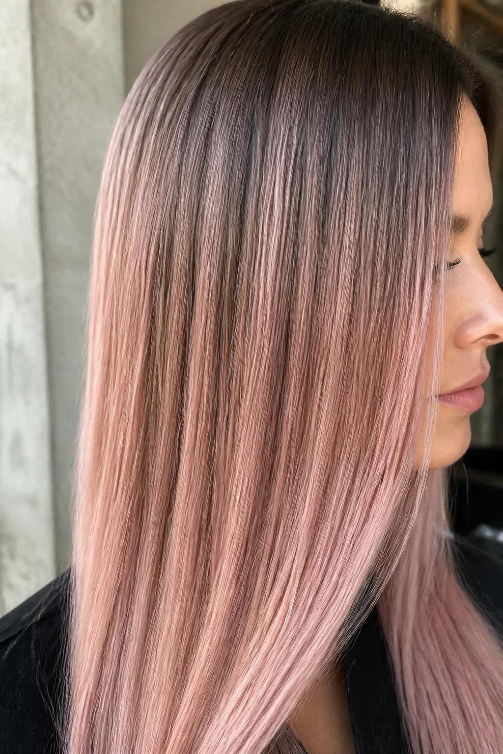 Close-up of rose gold melt on straight hair with gradient from root to ends