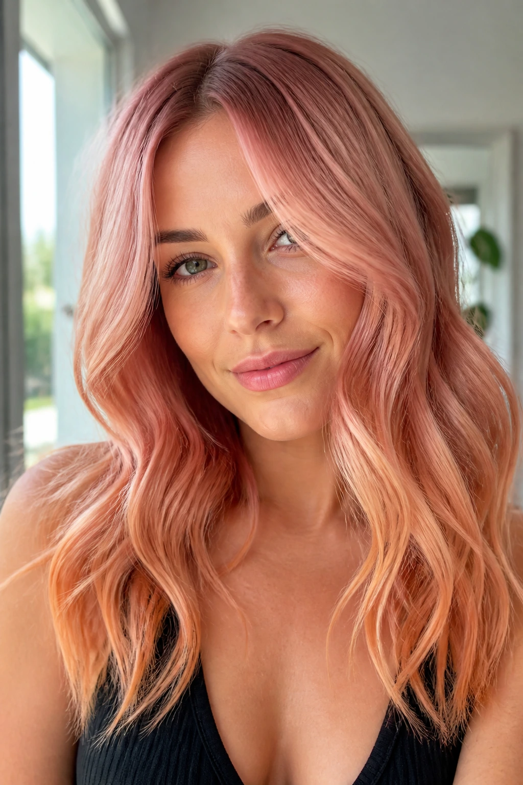Close-up of a real woman with rose gold melt on light wavy hair