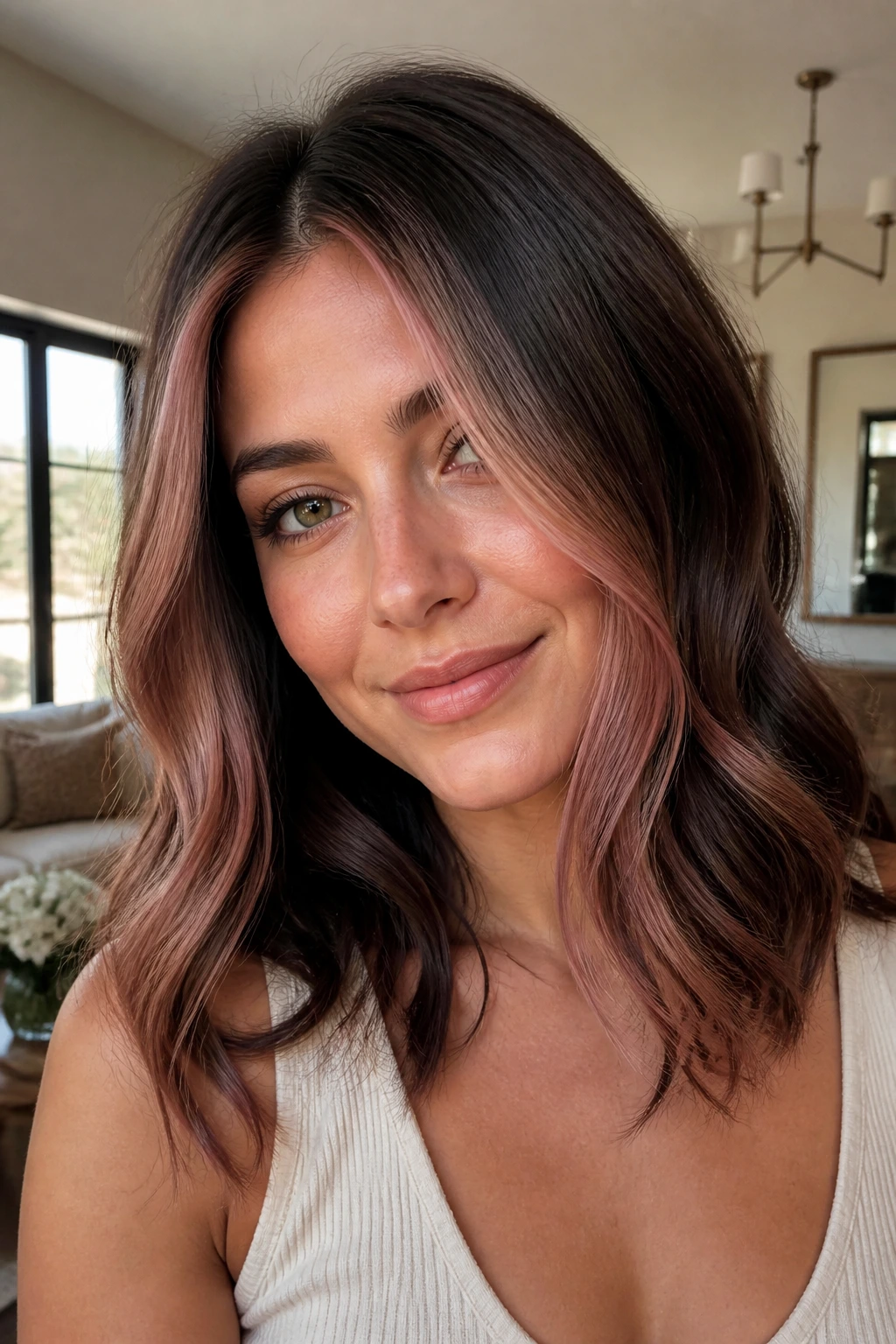 Close-up of a real woman with soft rose gold money piece on medium brunette hair in a sunlit living room.