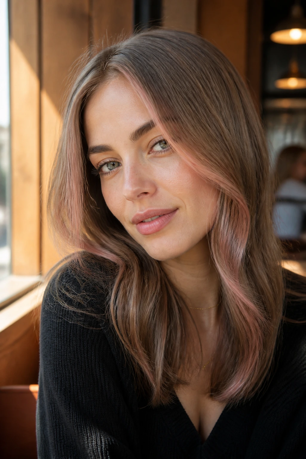 Close-up portrait of a woman with rose gold money piece on light brown hair