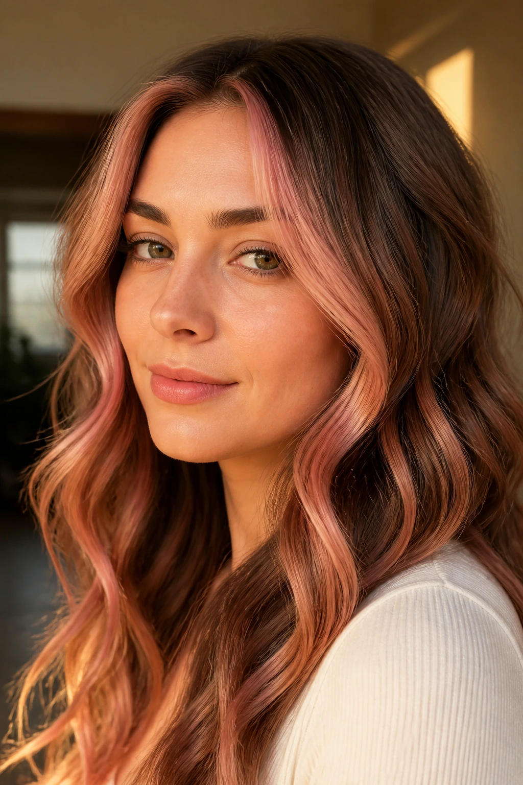 Close-up of a real person with rose gold front glow on wavy hair in golden hour light