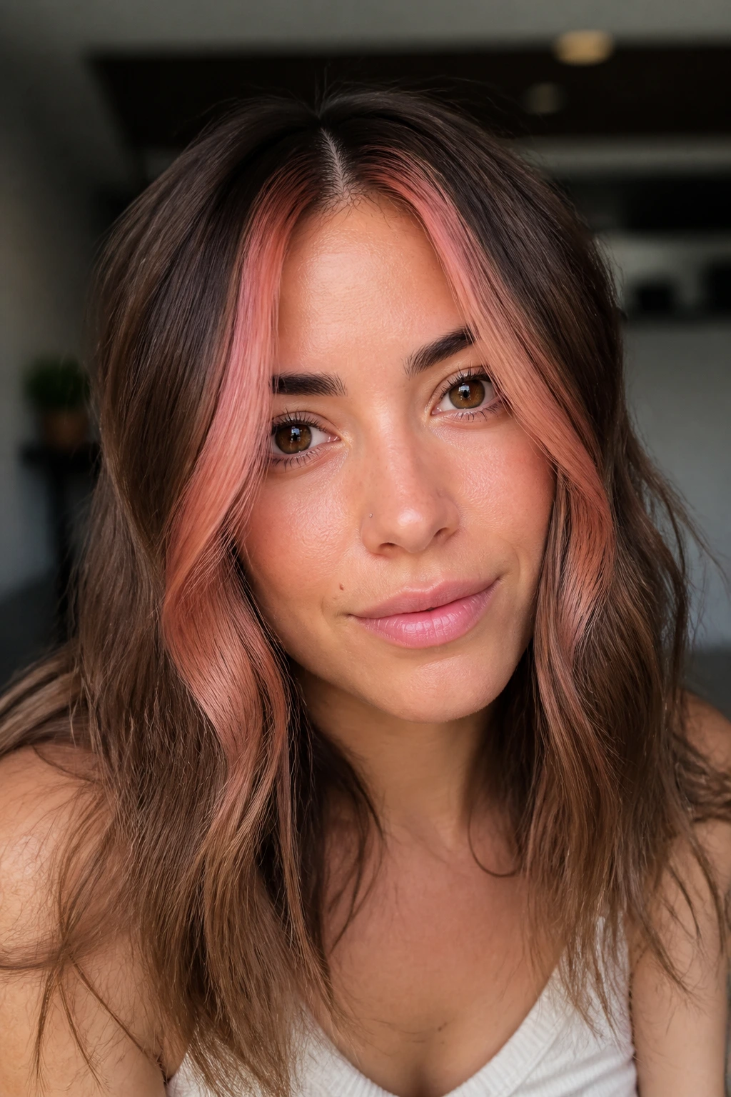 Face-framing rose gold money piece on light brown hair.