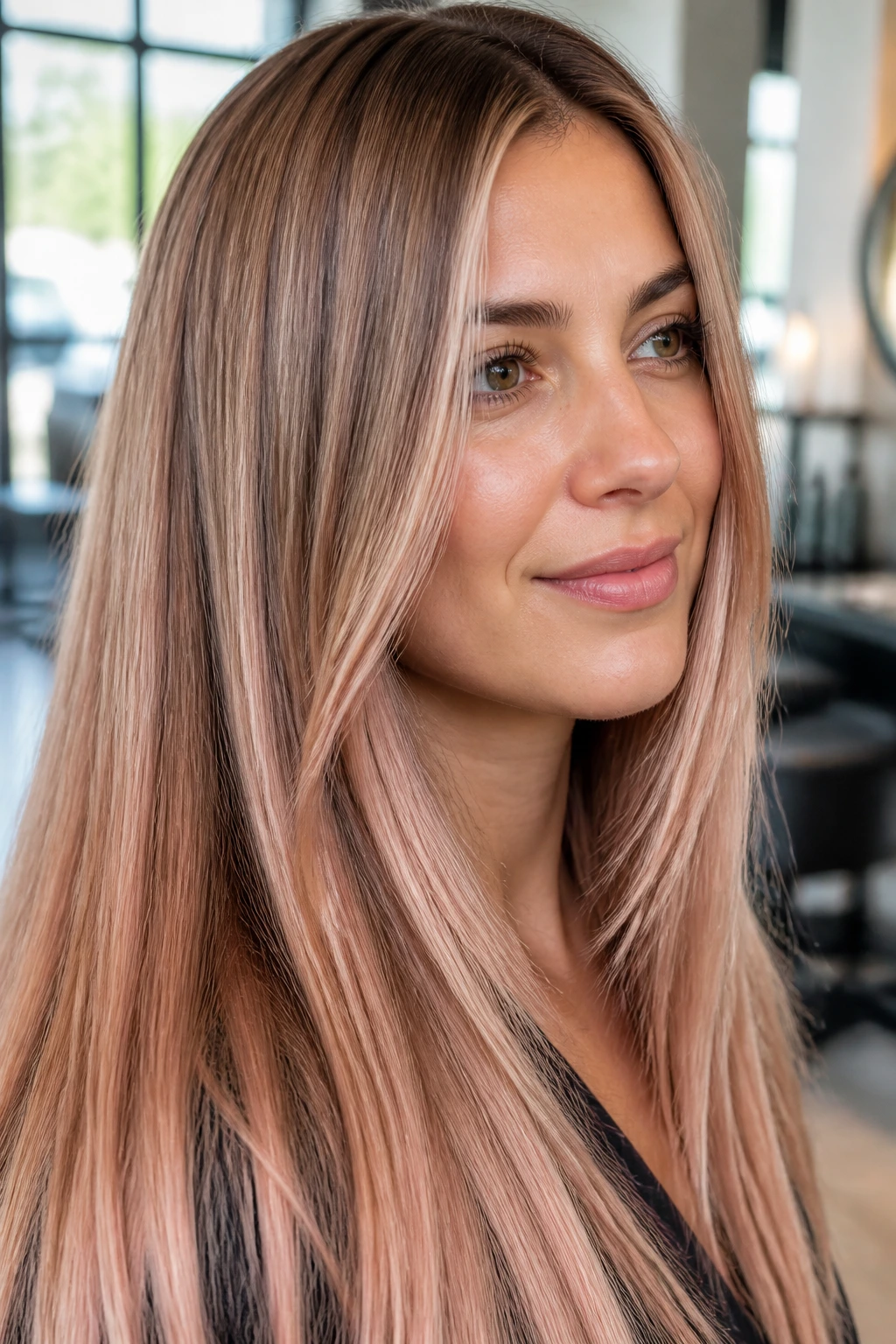 Close-up of a real woman's straight hair with rose gold overlay under natural daylight