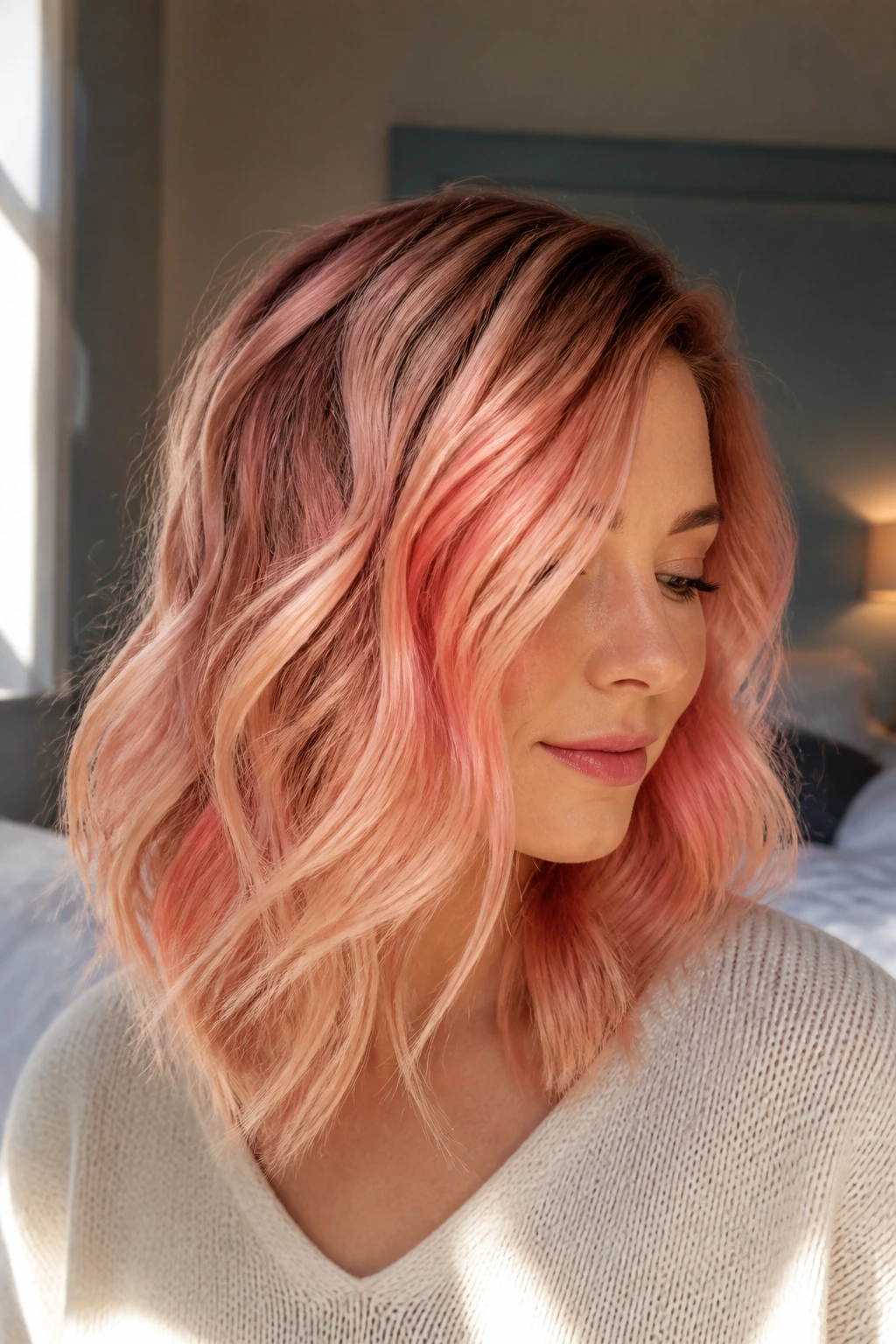 Real woman with rose gold peach-red gradient hair in soft melt