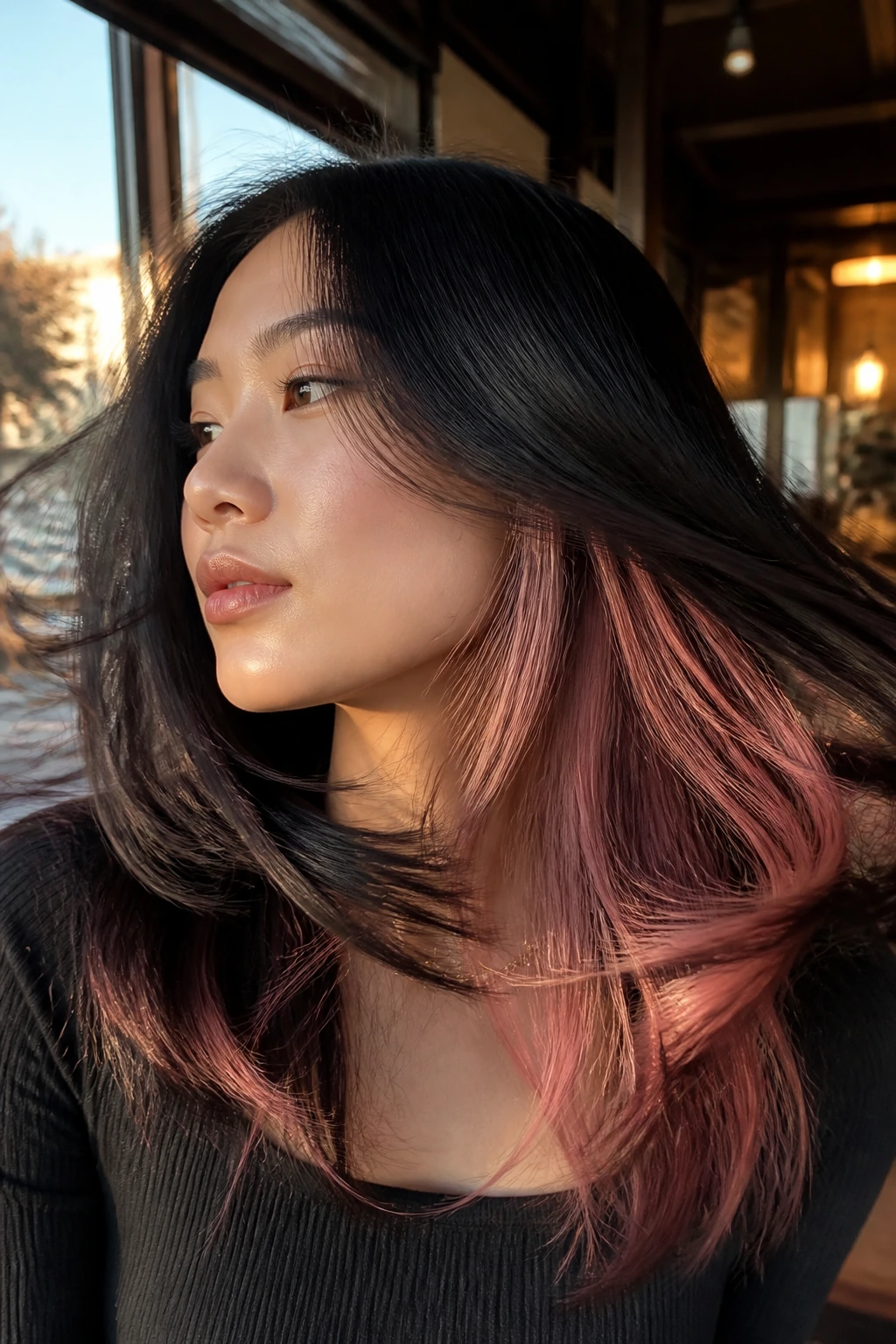 Real Asian woman showing rose gold peekaboo panels under the top layer