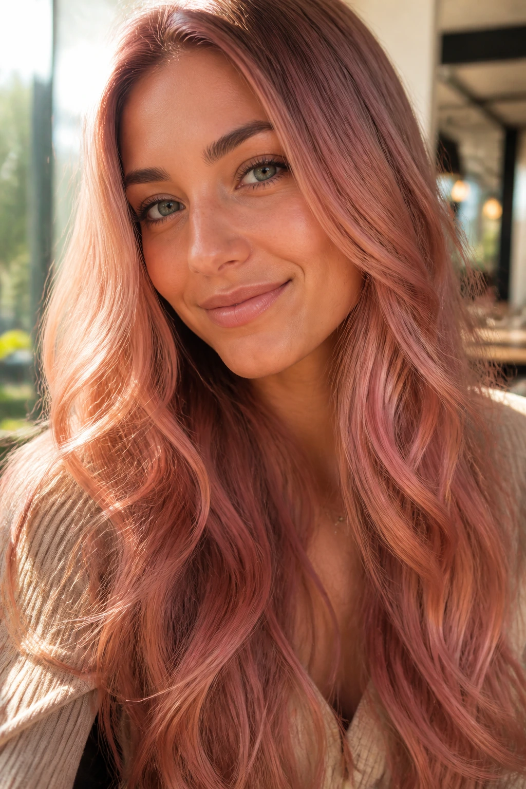 Close-up portrait of a real woman with rose gold hair and pink reflections in soft daylight.