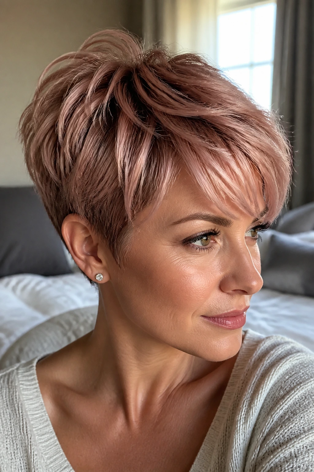 Close-up of a real woman with a rose gold layered pixie and pink-gold crown highlights