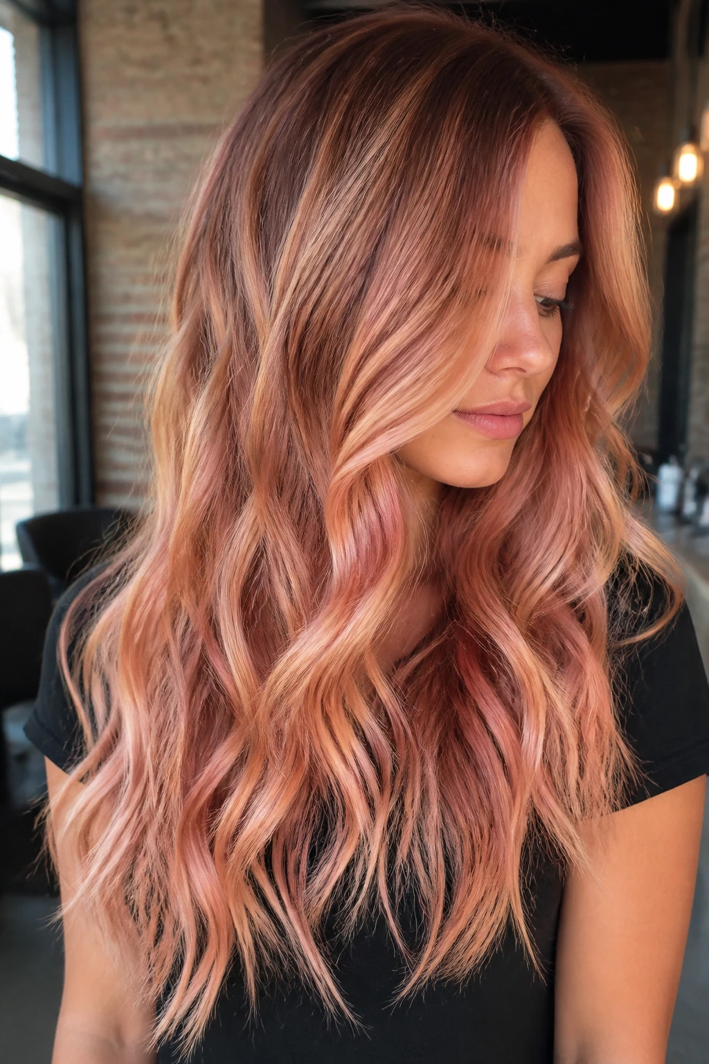 Real woman with airy rose-gold red balayage on long hair, soft waves in natural light.