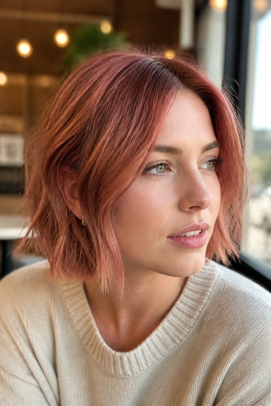 Close-up of real woman with rose gold red short bob in soft cafe lighting