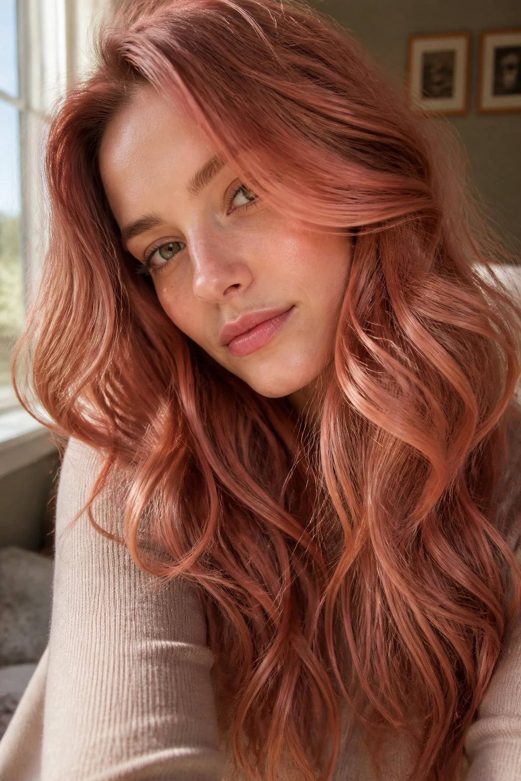 Real woman with rose gold red tint in long waves