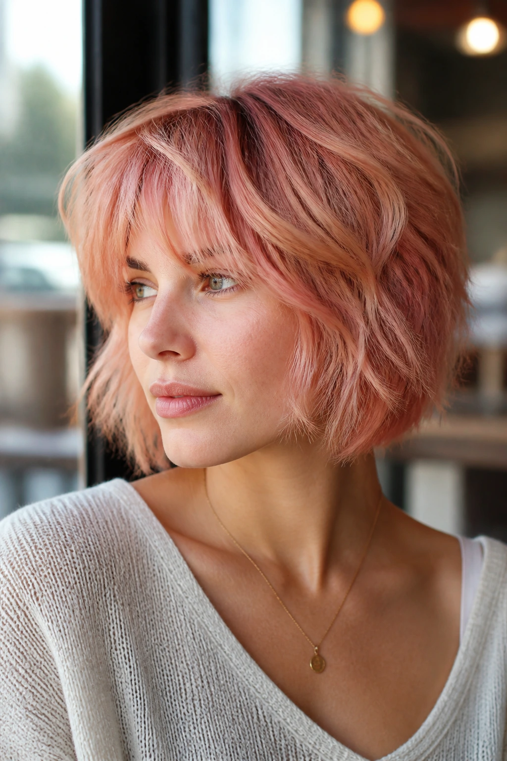 Portrait of a real woman with a rose gold shag bob and feathered fringe