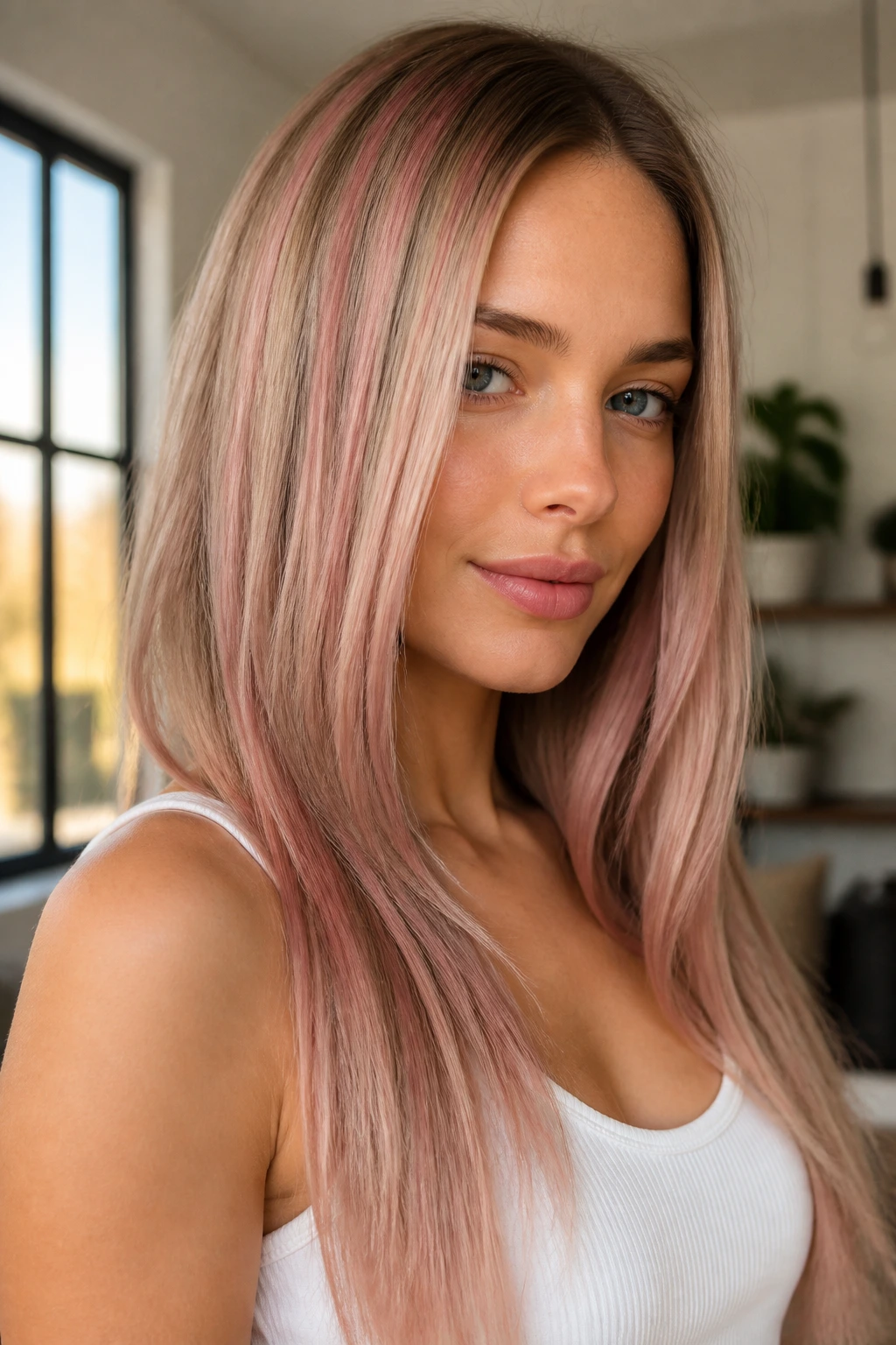 Close-up of a real person with rose gold sheen highlights on straight hair