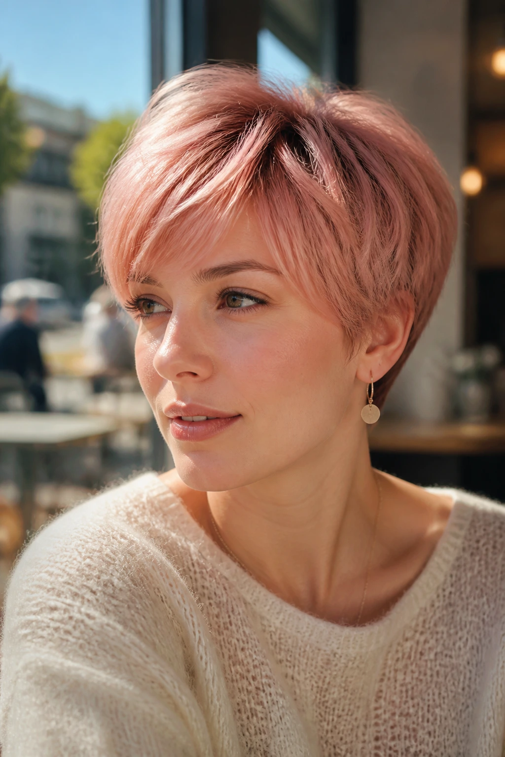 Close-up portrait of a woman with rose gold short cut in sunlit cafe