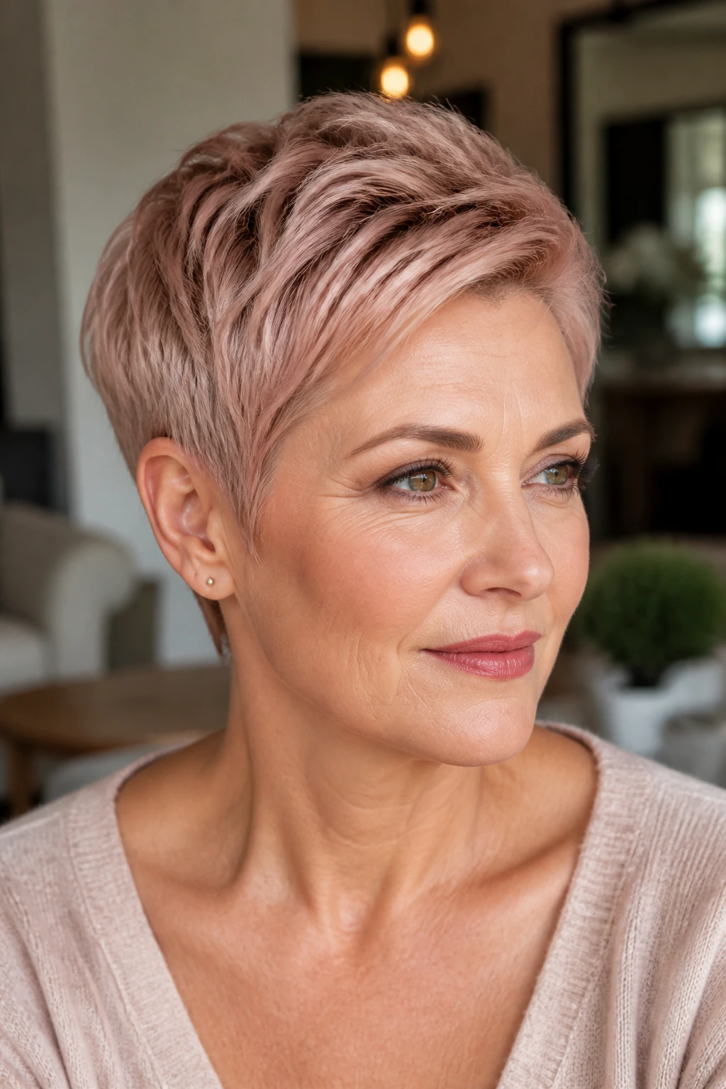 Close-up woman with rose gold whisper on short hair