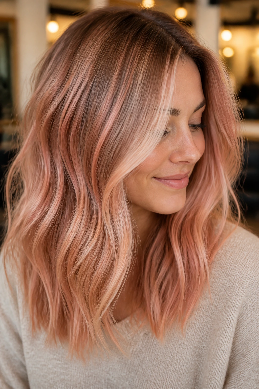 Close-up portrait of a real woman with soft rose gold hair and beige base in warm salon lighting