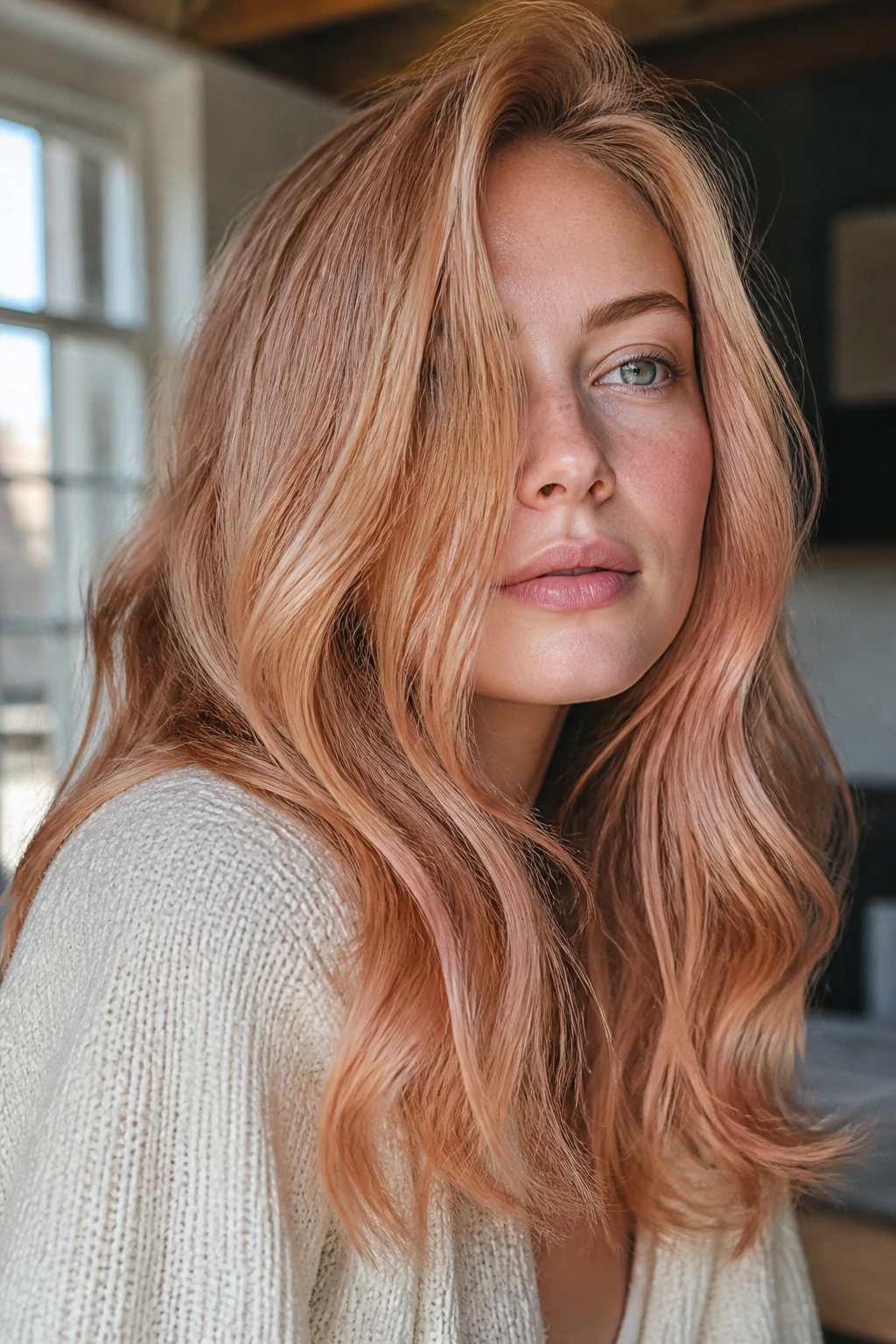 Close-up of rose gold strawberry blonde in natural daylight