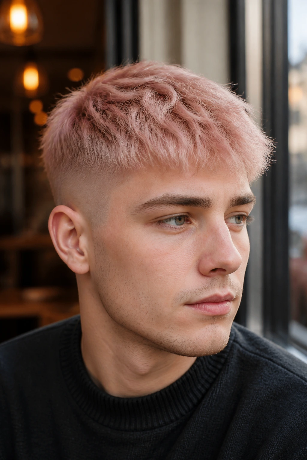 Close-up of a real person with a rose gold textured crop on pale base in warm light