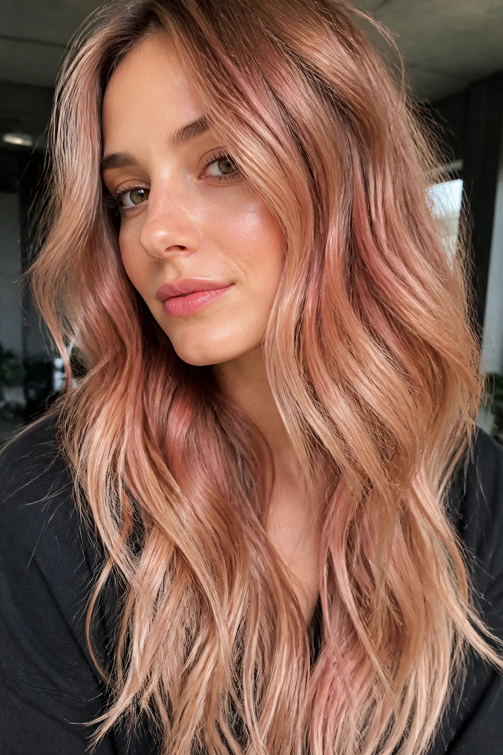 Close-up of a real woman's hair with subtle rose gold tint and glossy waves