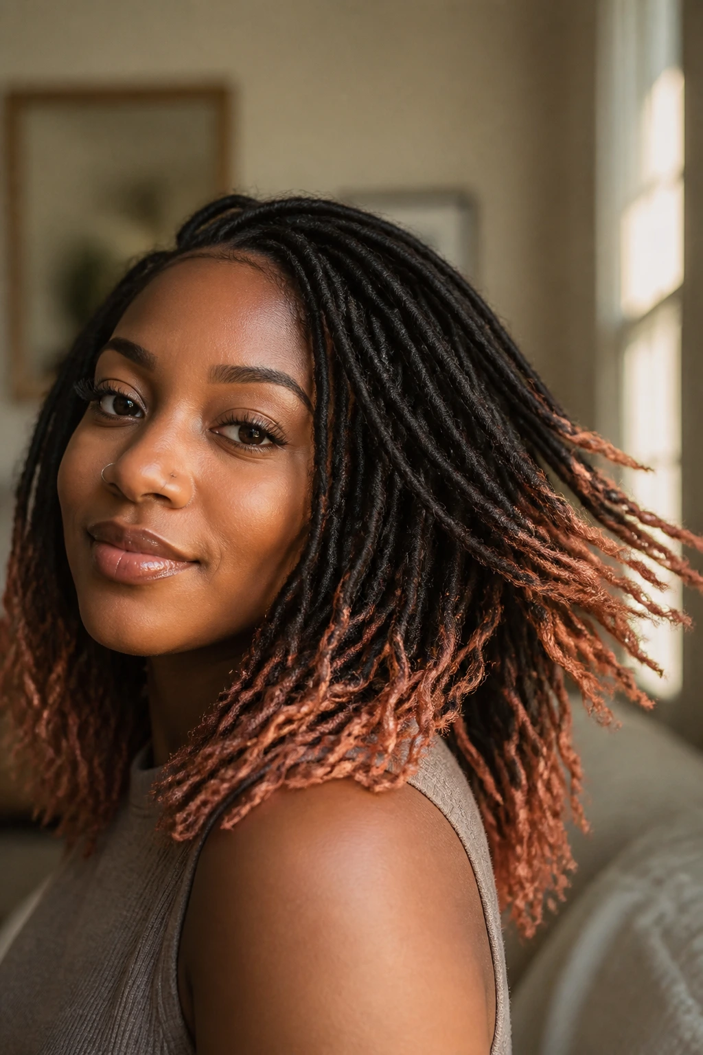 Close-up of a woman with soft locs and rose gold tips