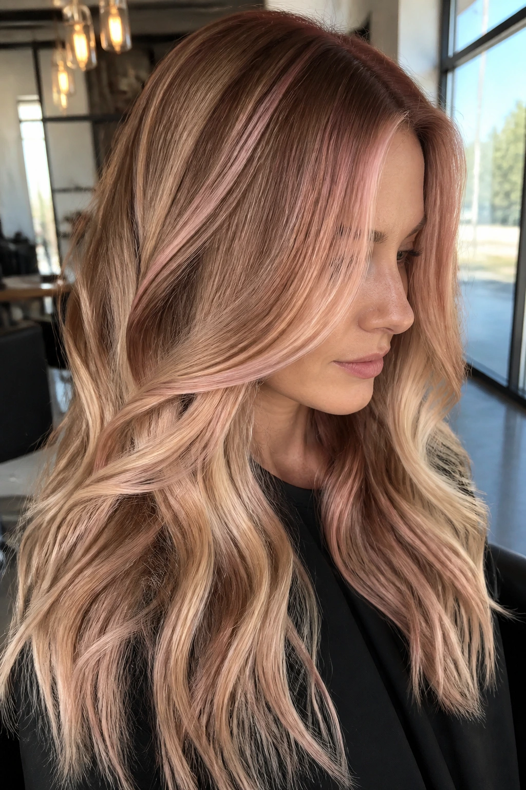 Close-up of thick hair with muted rose gold veil on a real person