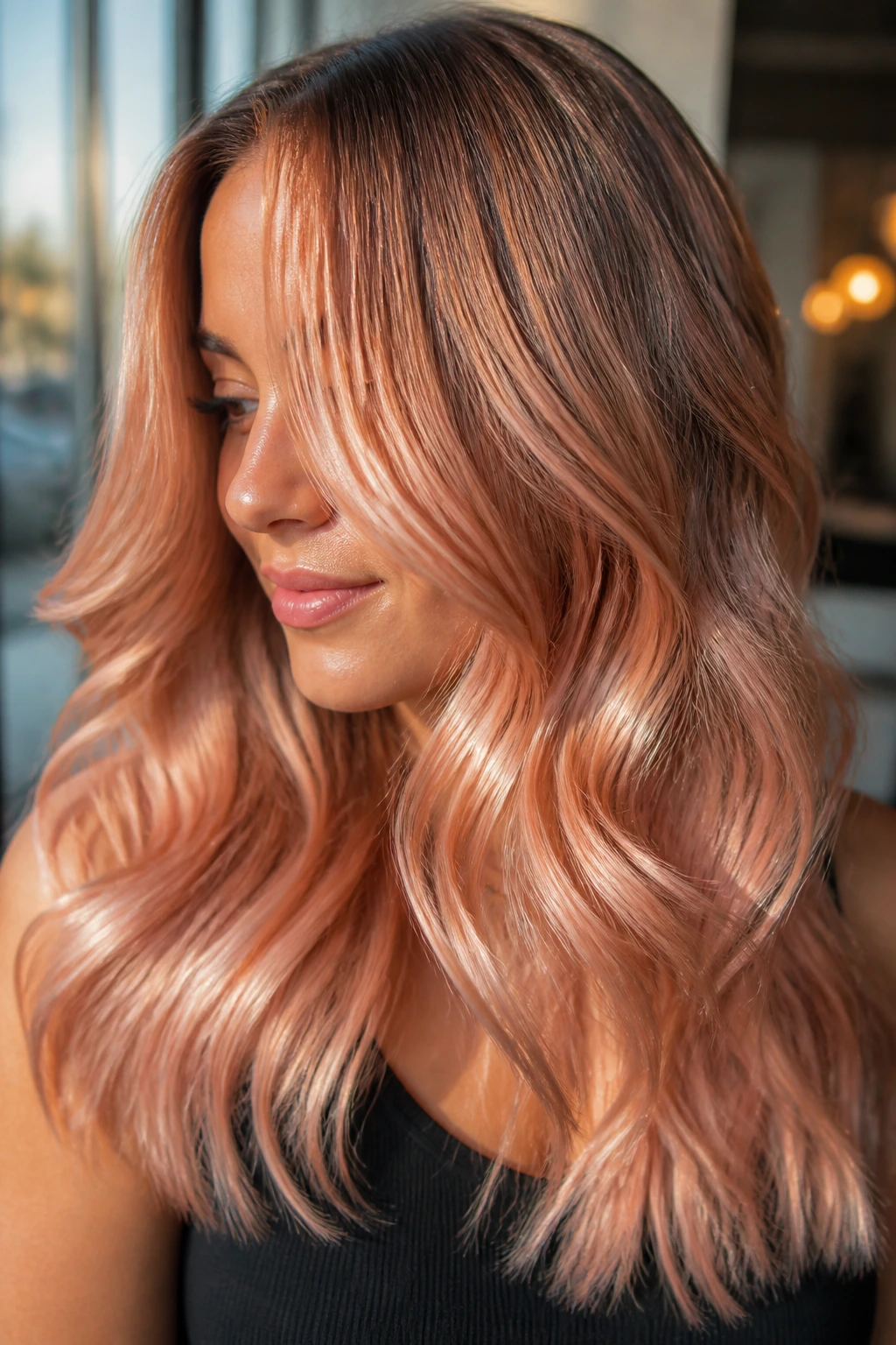 Portrait of a person with warm, glossy rose gold hair glow in a sunlit salon
