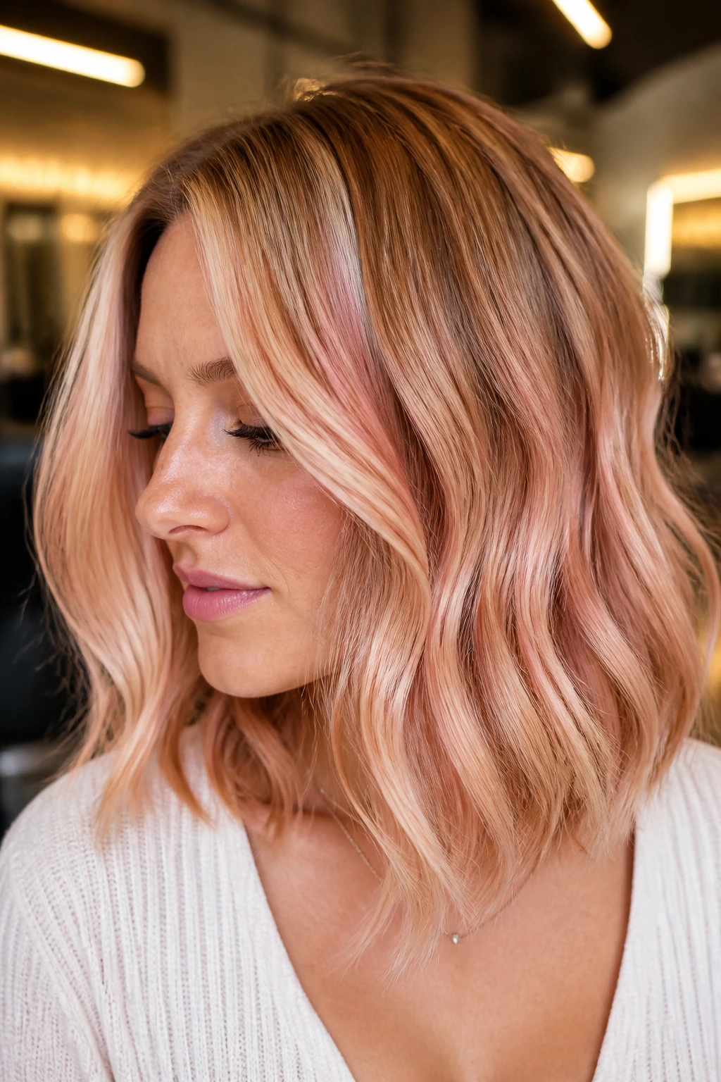 Hair with rose gold wash on light blonde hair
