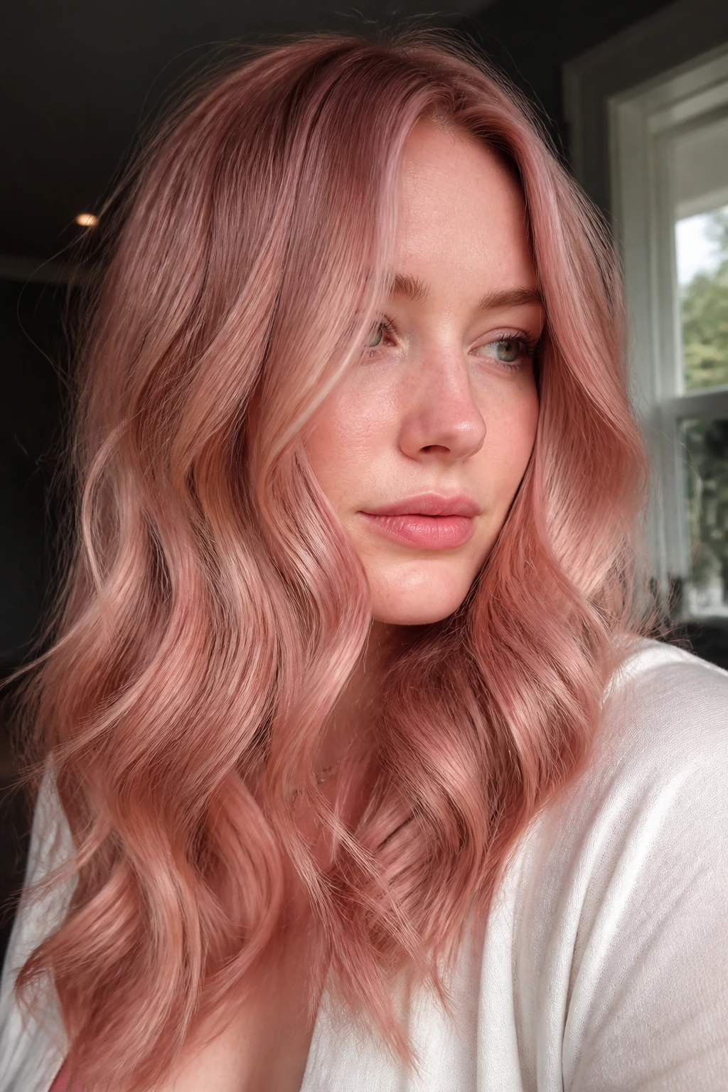 Close-up of a woman with rose gold soft waves in a sunlit room.