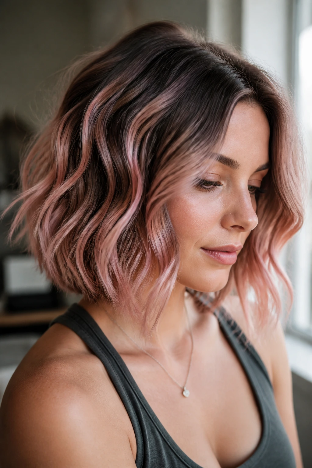 Head-and-shoulders portrait of a real woman with rose gold wavy bob ombré.