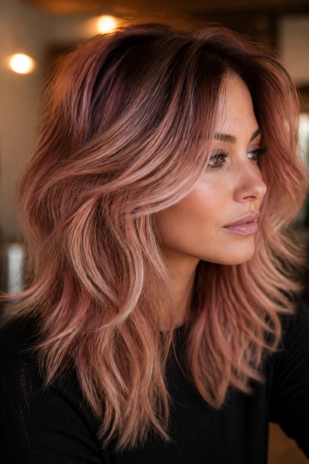 Close-up portrait of a real person with rose gold wolf cut and pink-beige dimension