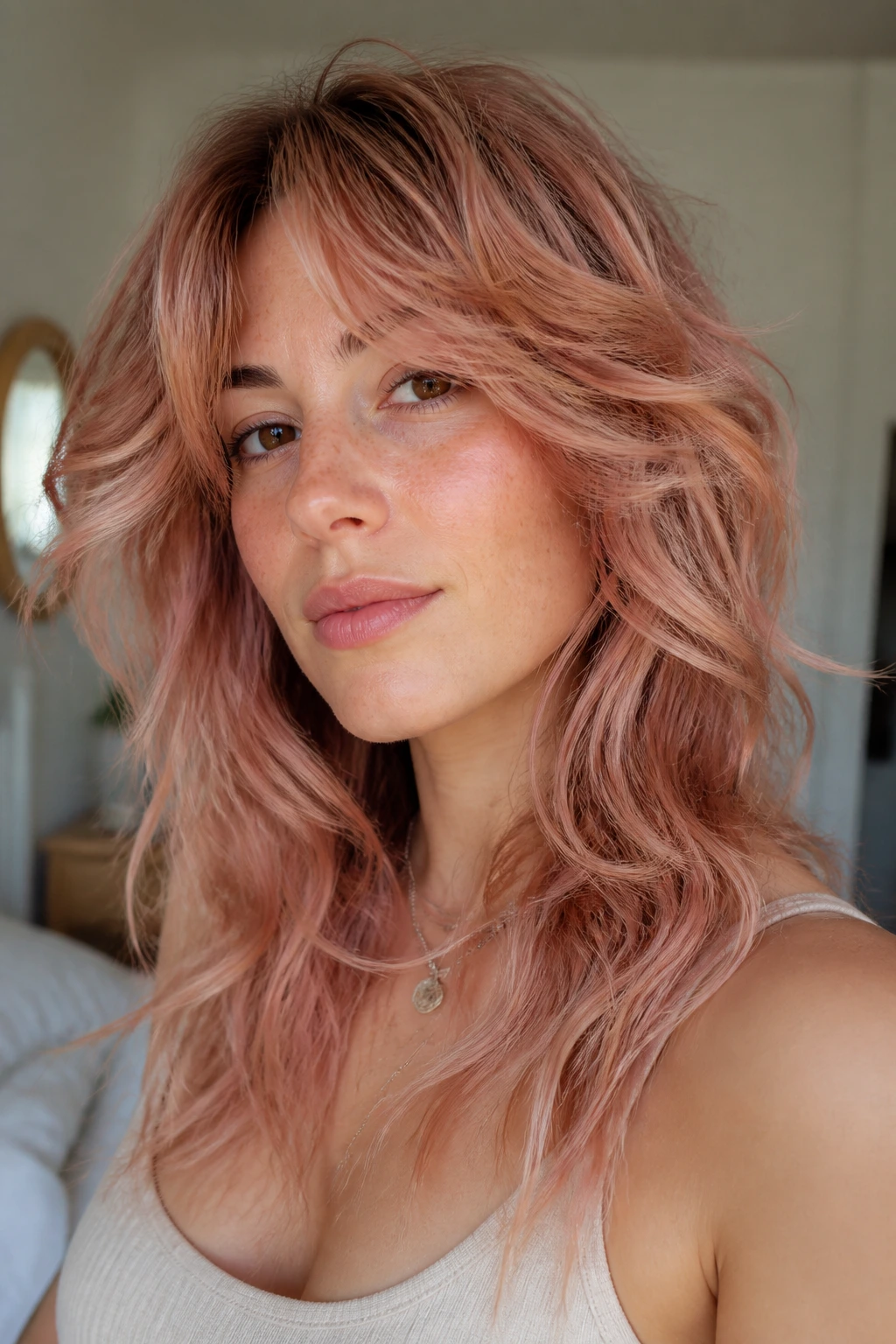 Close-up of a real person with rose gold wolf cut on wavy hair