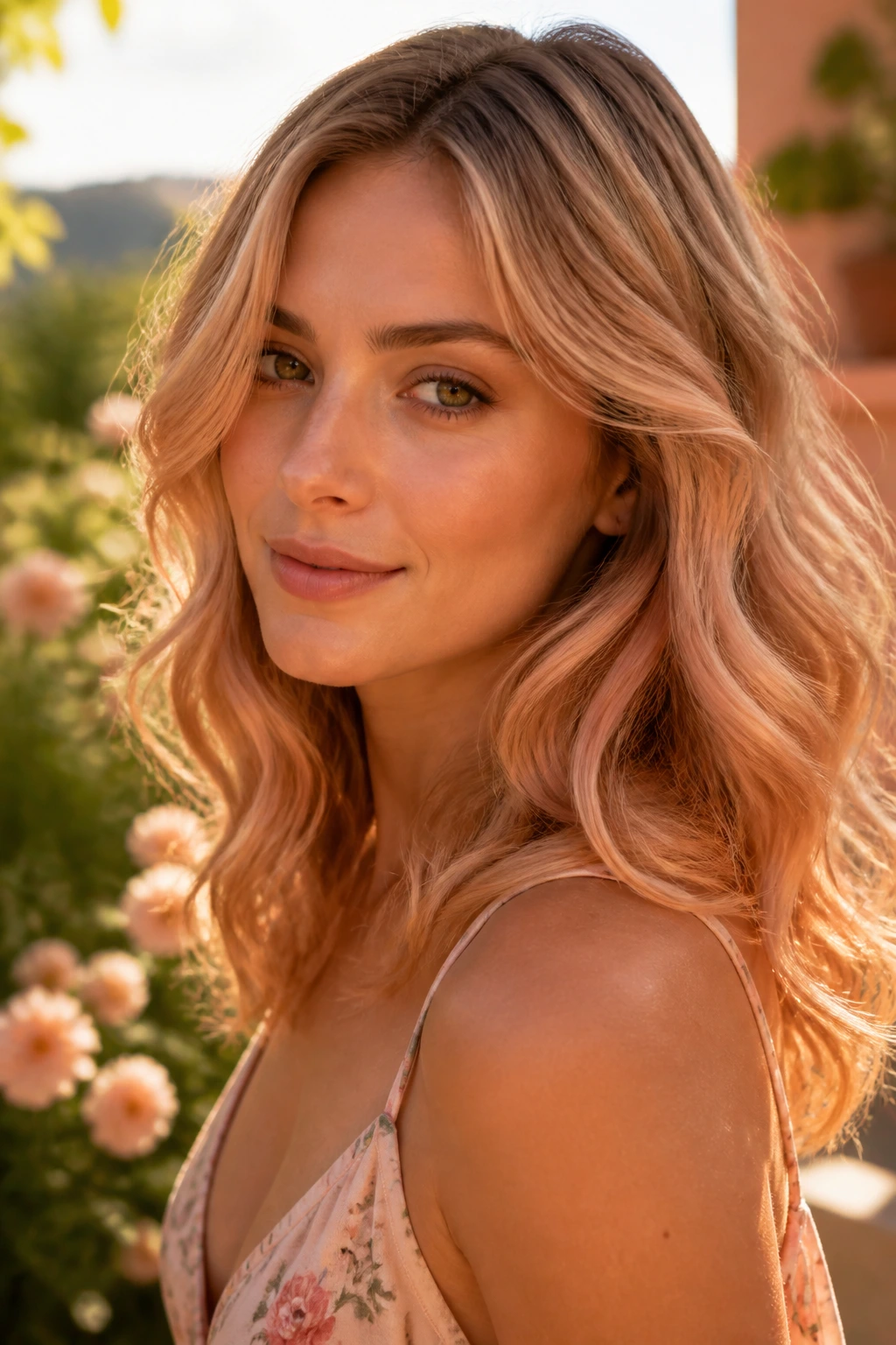 Real-woman portrait with rose-honey blonde hair and soft curls