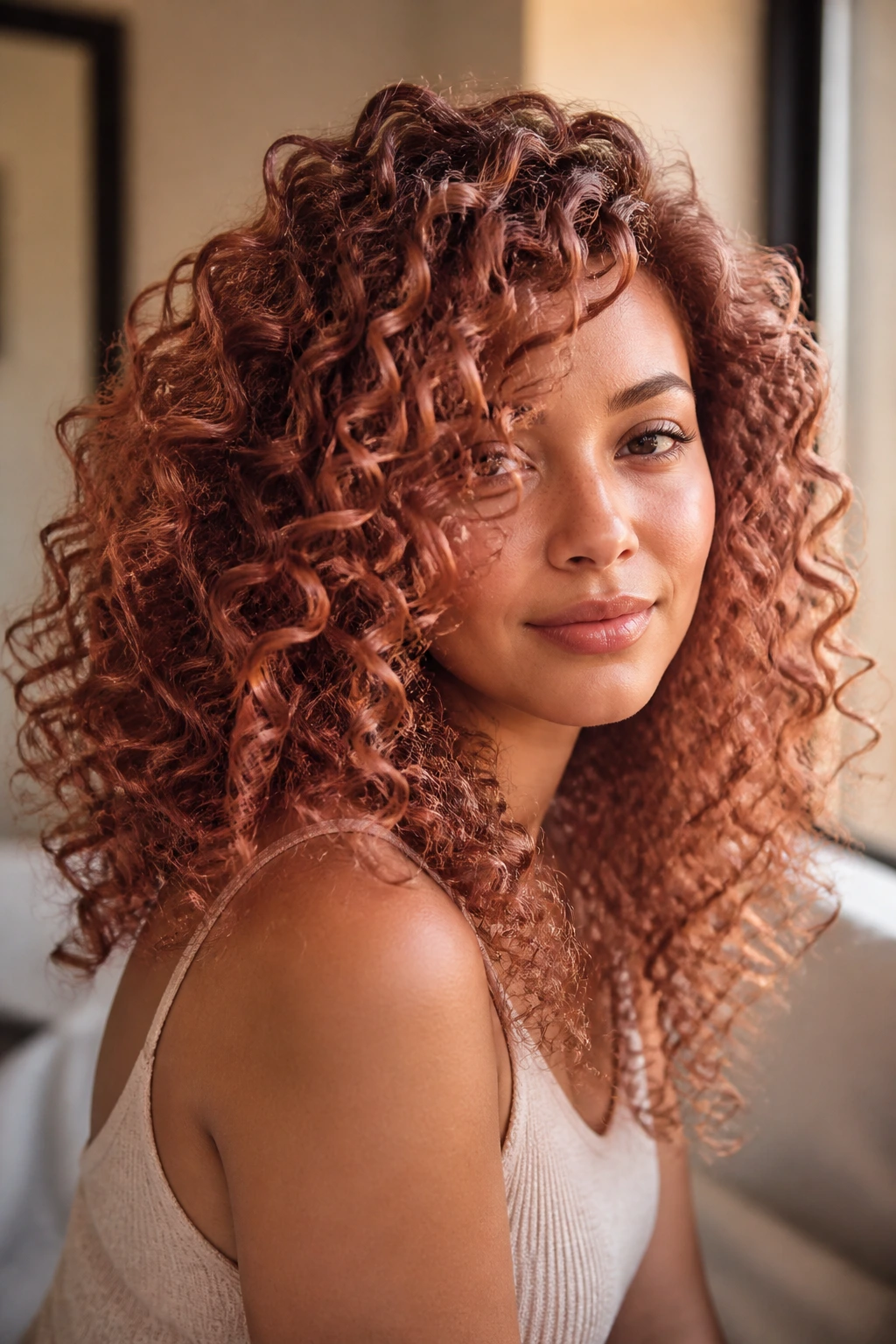 Rose honey curls with blush warmth in daylight