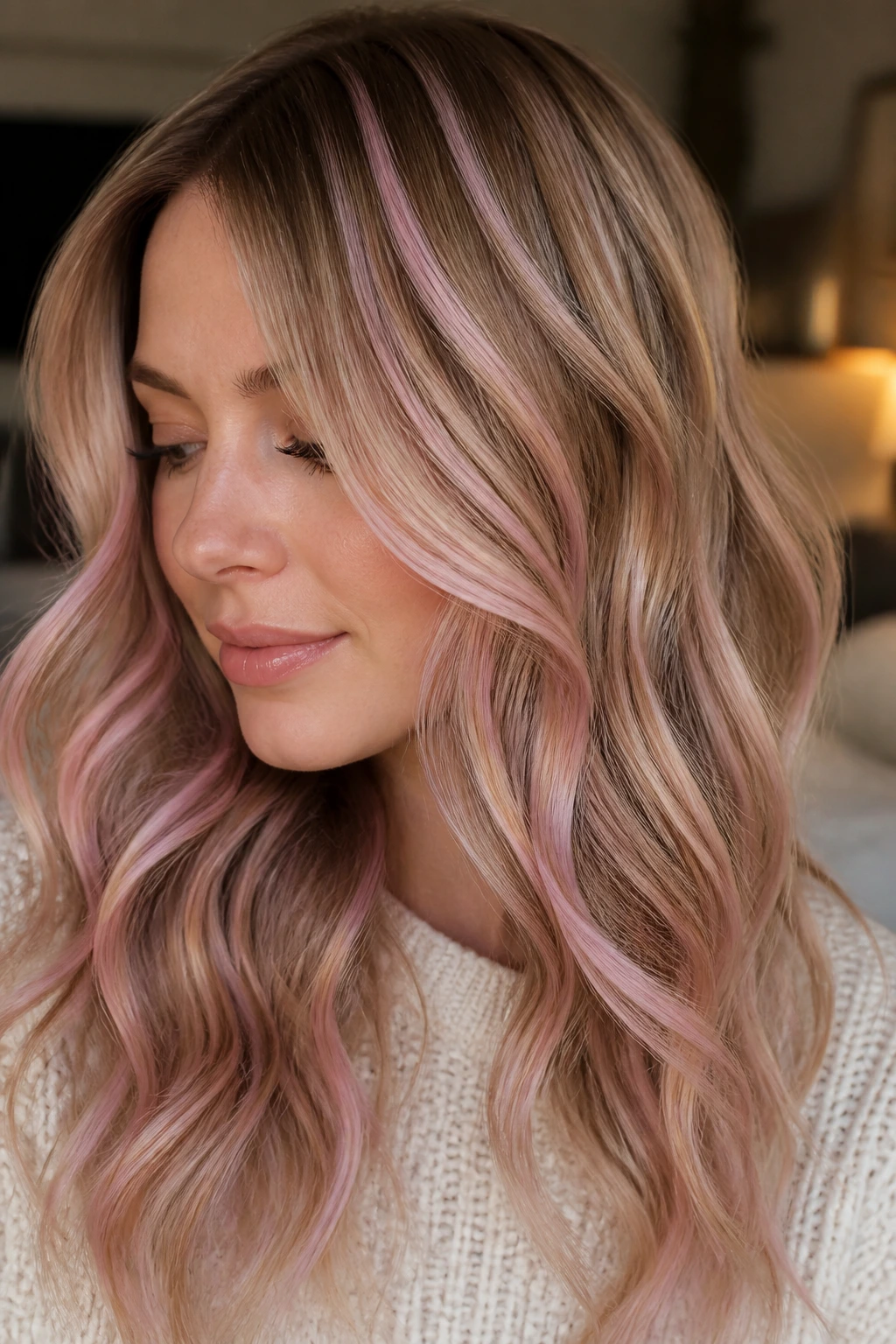 Close-up portrait showing rose quartz ribbon highlights in hair