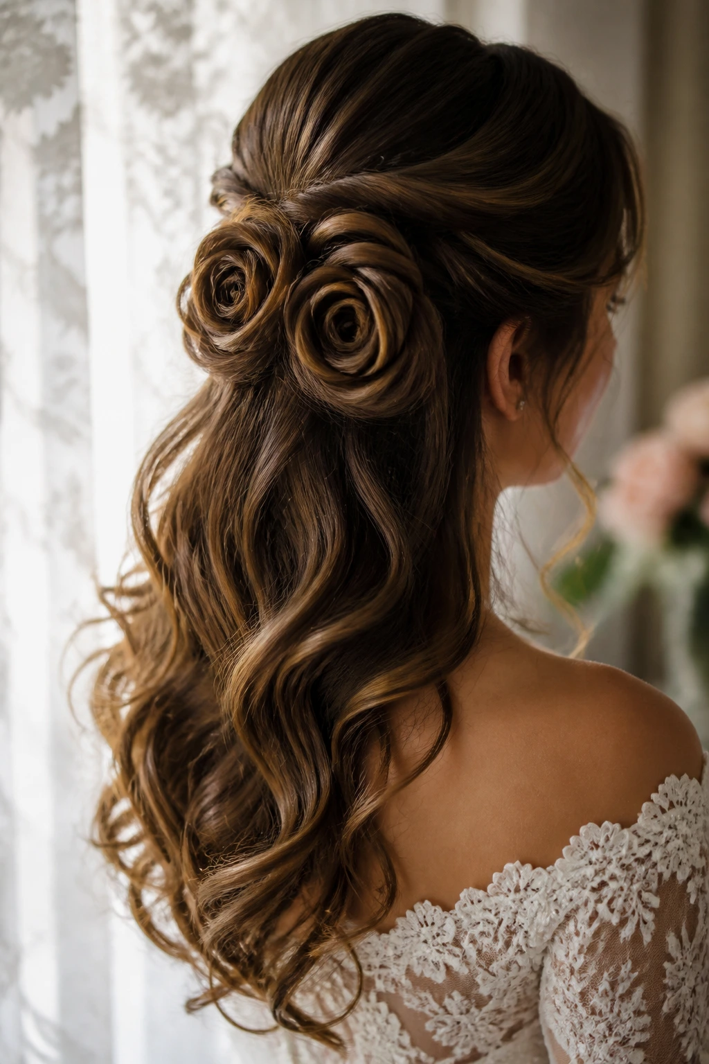 Bride with rose rolled half-up hairstyle showing rose shapes at the back.