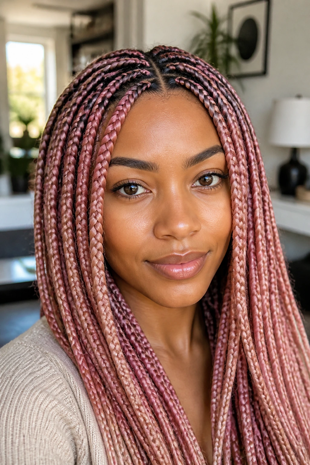 Rose-tinted box braids on a real woman, pink-tinted braids framing the face