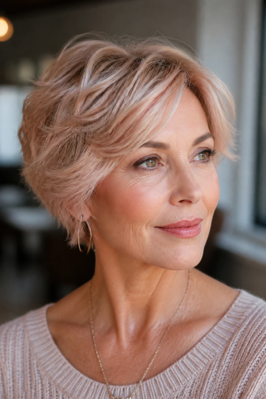 Short waves with a rose undertone blonde for a soft, warm look