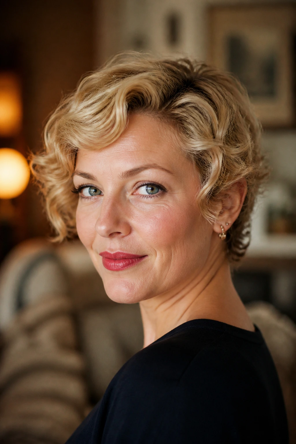 Close-up of a real woman wearing Rosemary Clooney side-swept pixie with cheekbone framing.