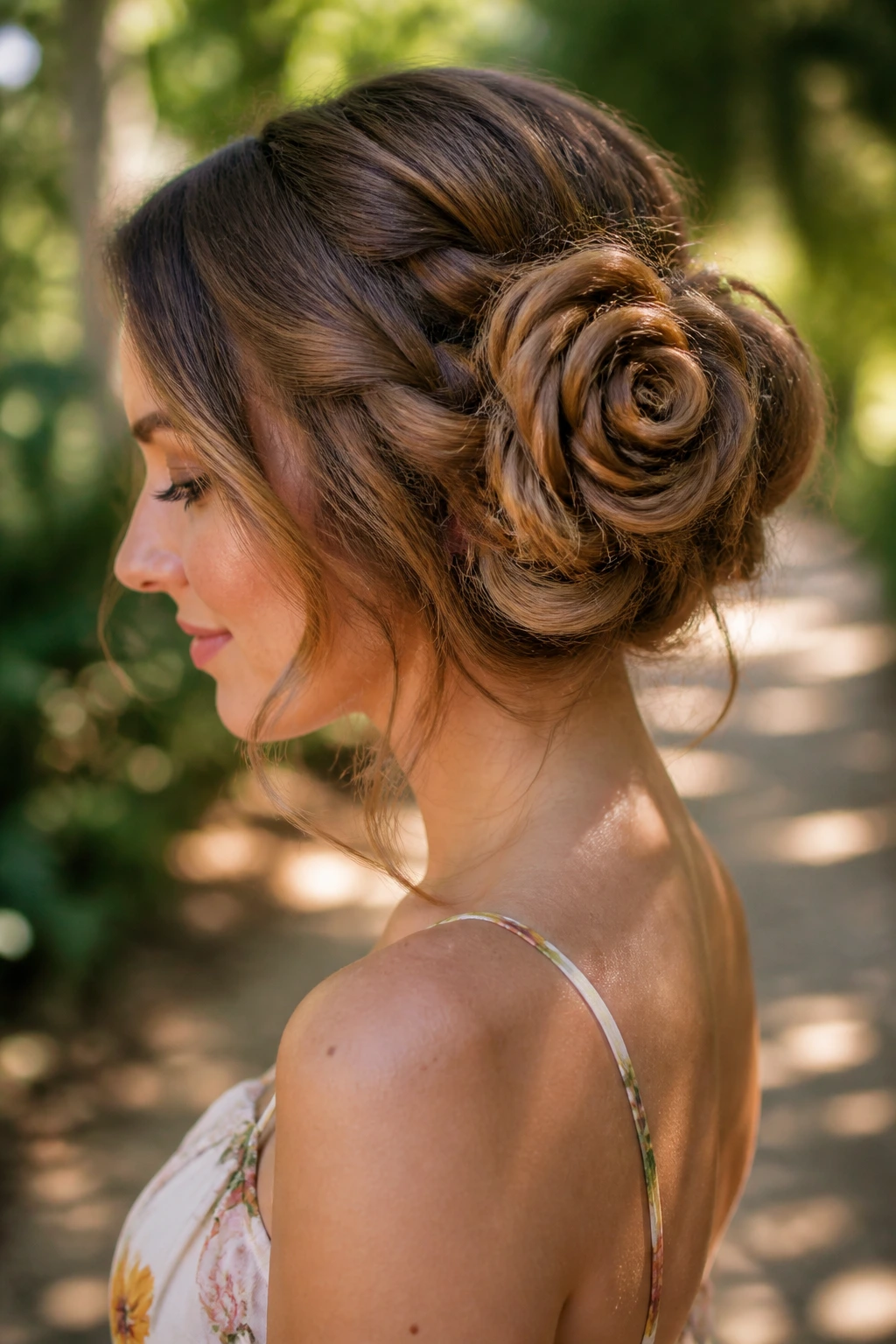 Portrait of a real woman with a rosette bun formed from loose coils resembling petals