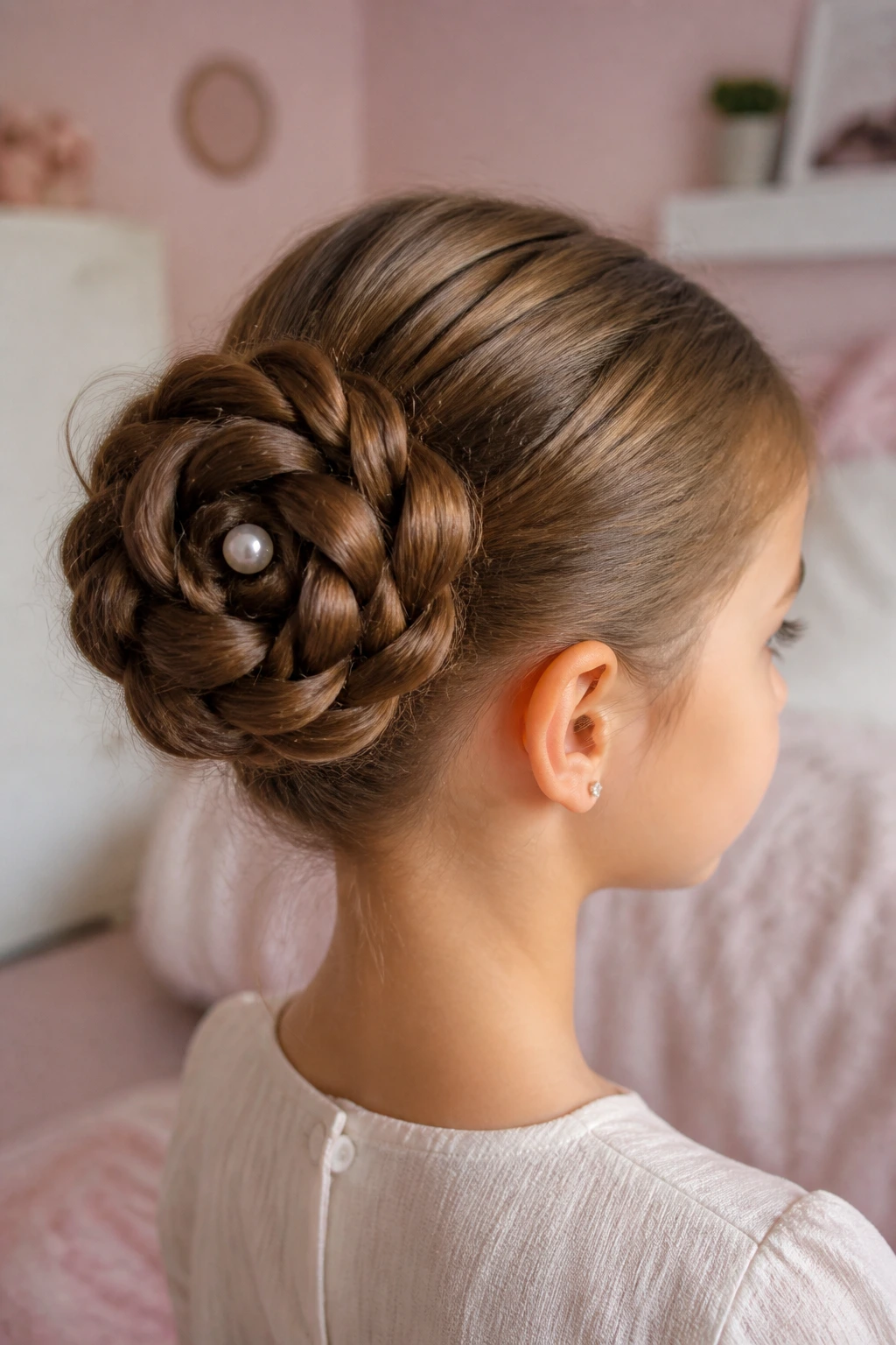 Close-up of a real girl's rosette braid bun with a center pearl pin in a softly lit bedroom.