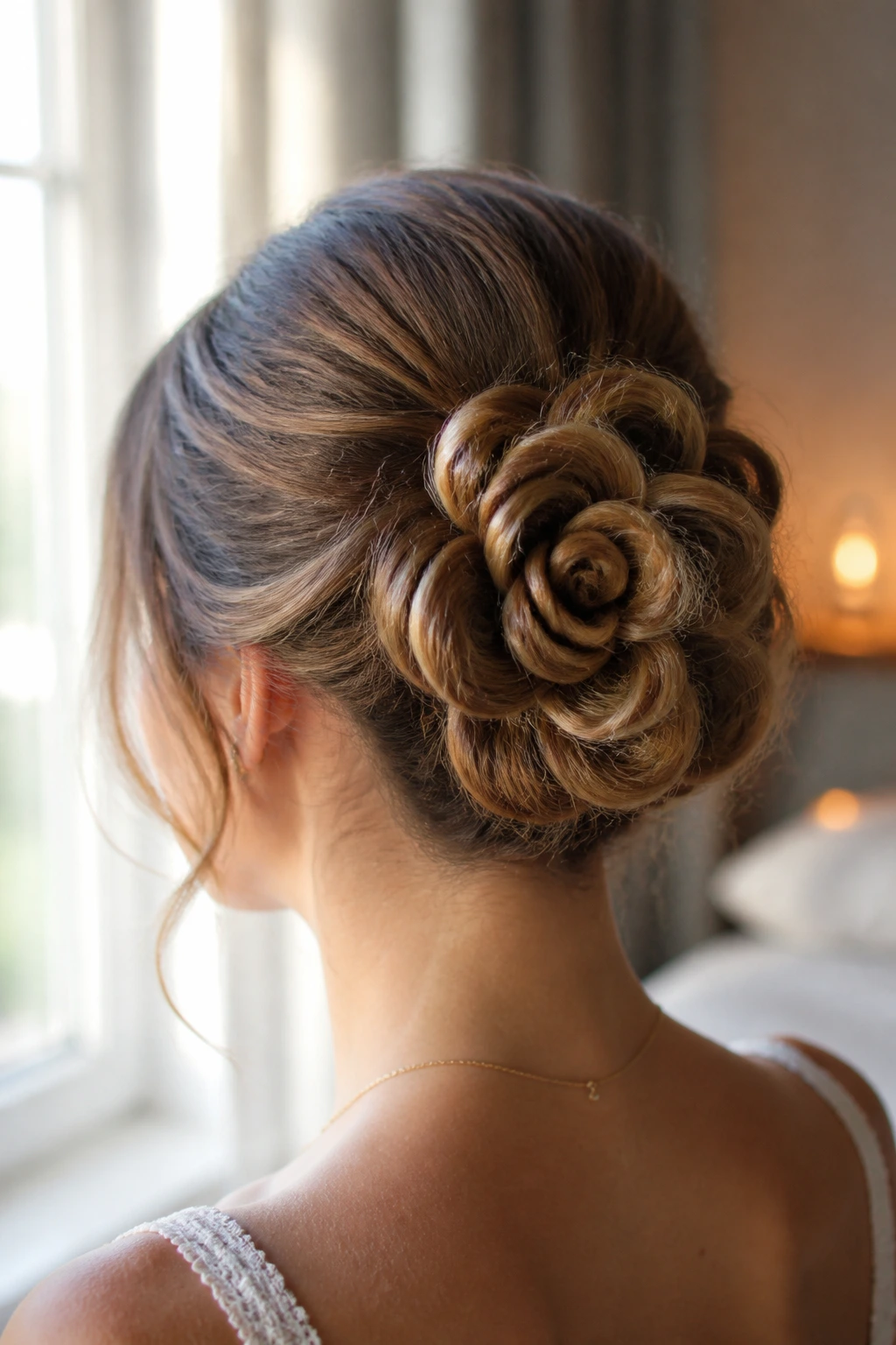 Back three-quarter portrait of a real woman with Rosette Bun showing petal-like loops