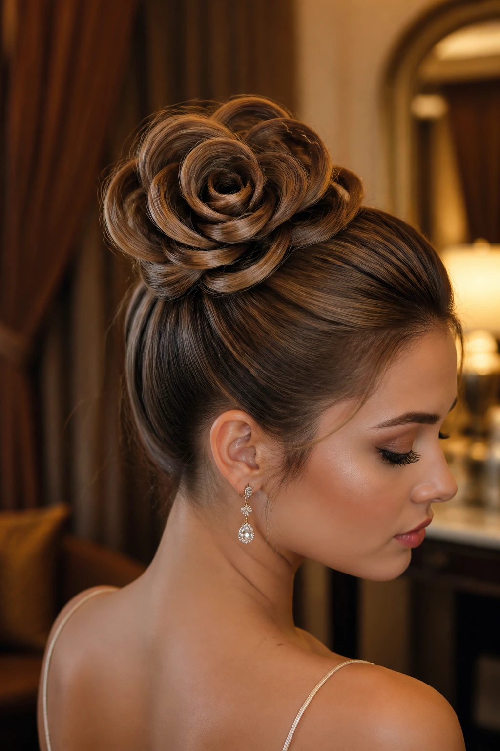 Close-up of a real woman with a floral rosette bun formed by petal-like hair folds