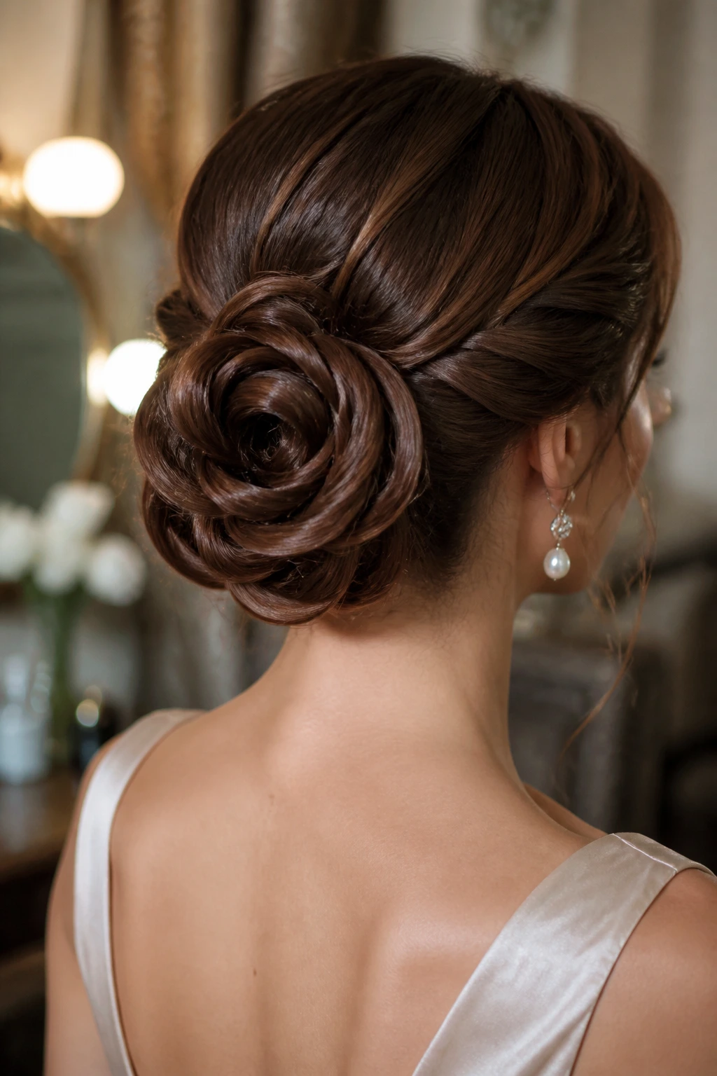 Close-up portrait of a real woman with a rosette bun from behind.