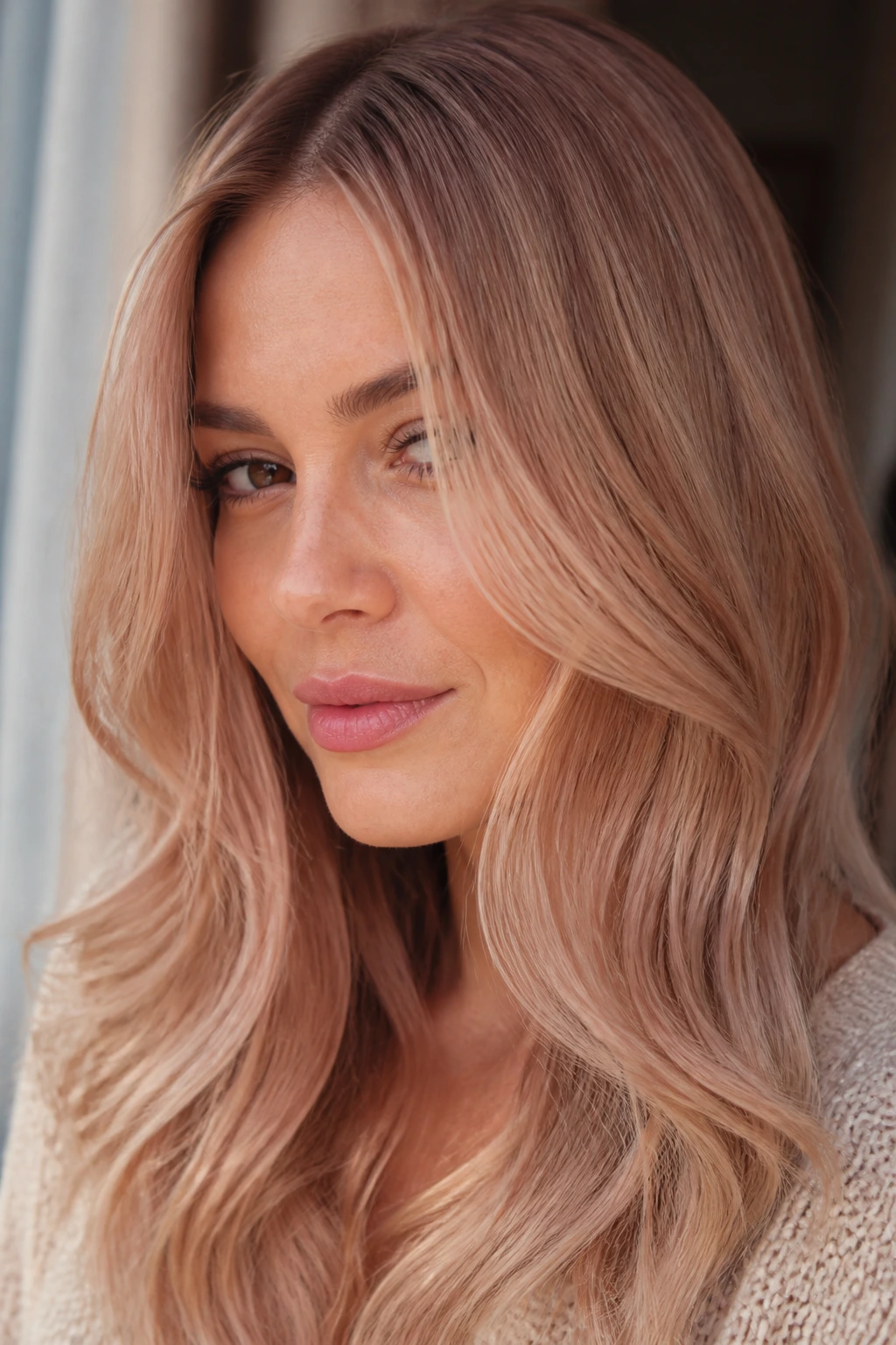 Close-up of a woman with rosewater beige hair in soft window light