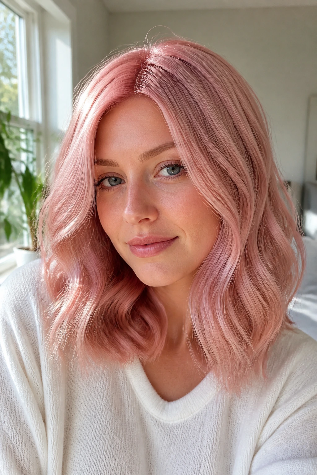 Portrait of a real woman with rosewater pink waves and soft mid-length hair.