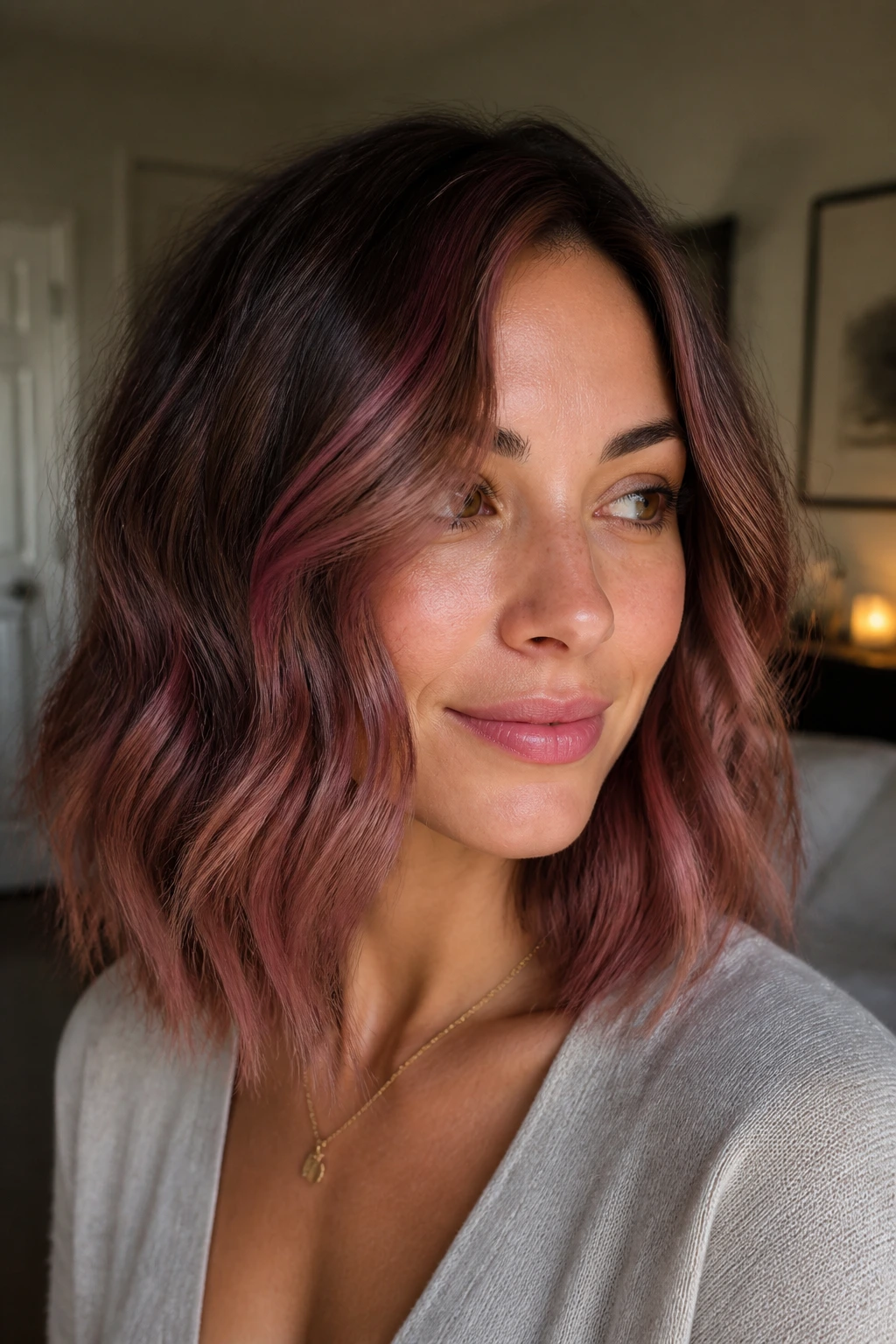 Close-up of real woman with rosewood balayage highlighting dusty pink brown red tones