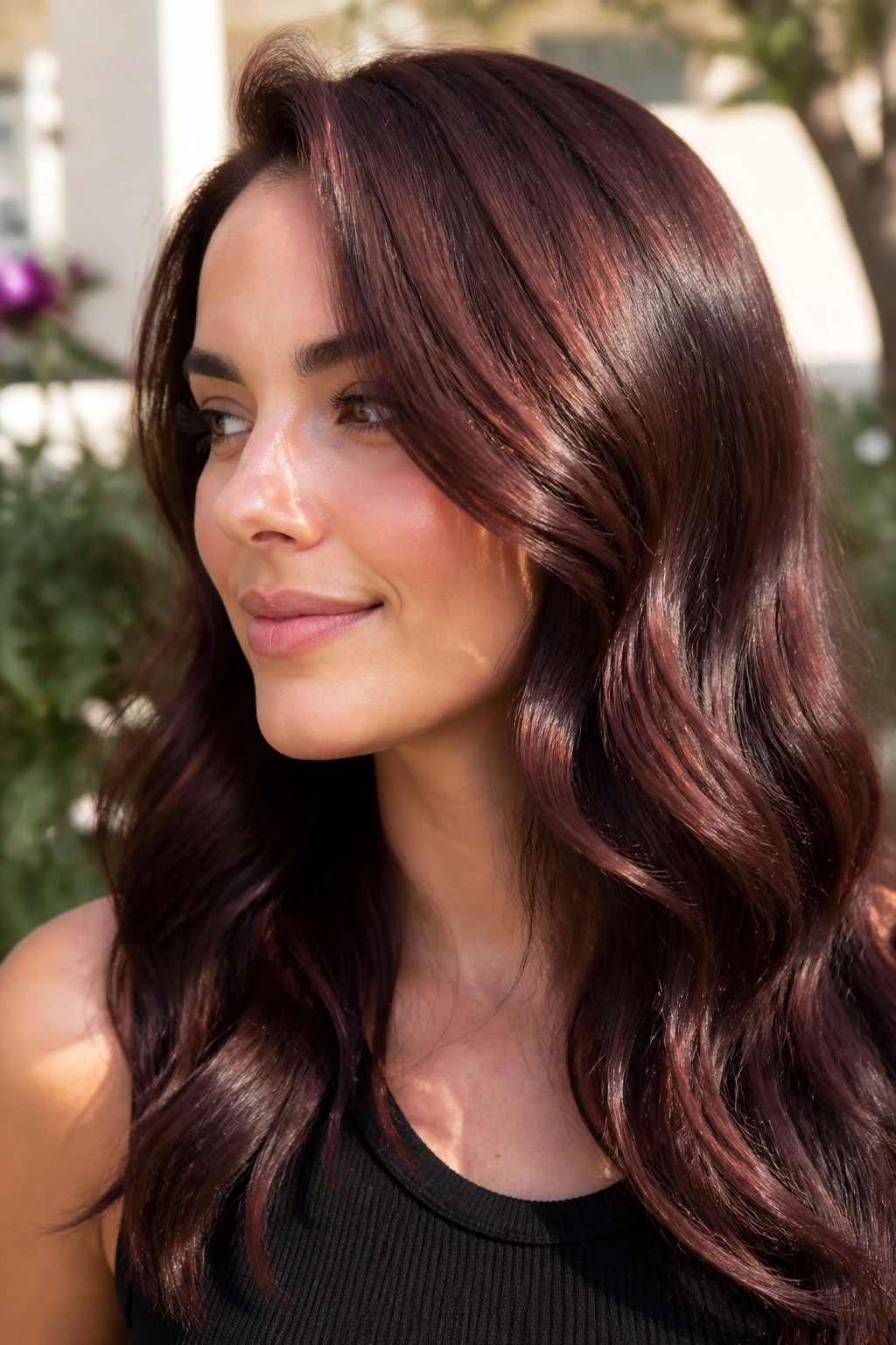 Close-up portrait of Rosewood Brown with dusty rose reflections in sunlight